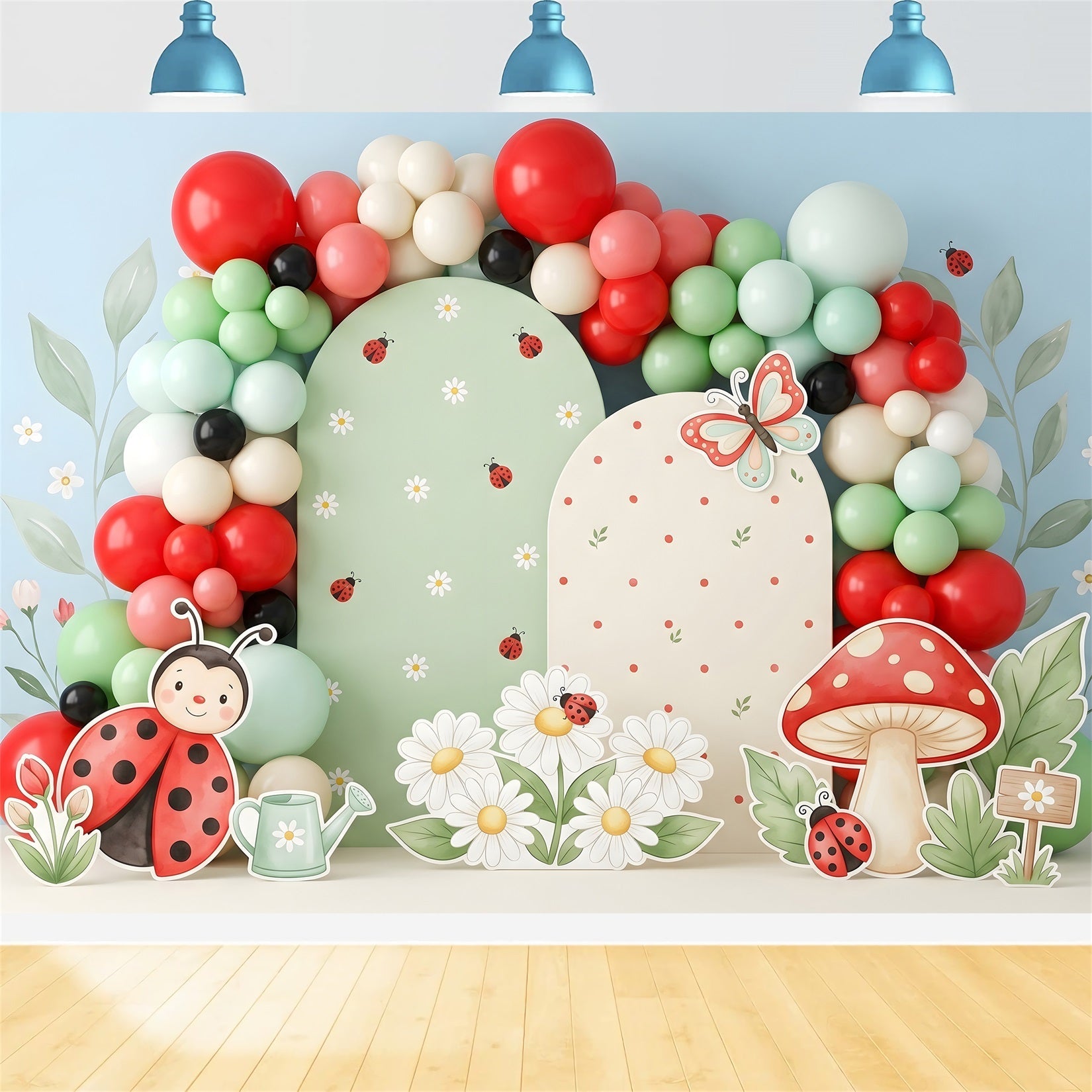 Toile de fond pour bébé et enfant avec coccinelles marguerites champignons et ballons CEM65-50