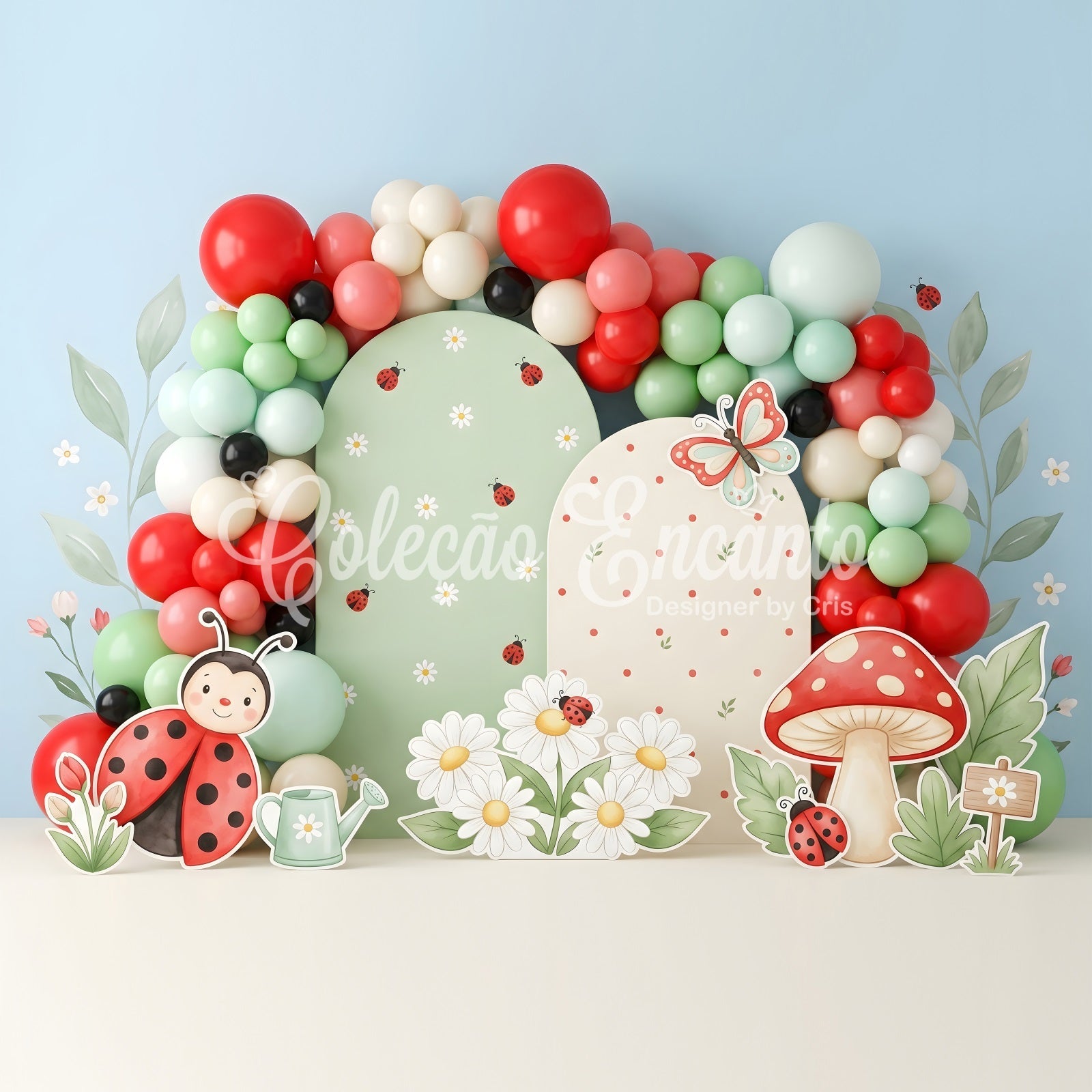 Toile de fond pour bébé et enfant avec coccinelles marguerites champignons et ballons CEM65-50