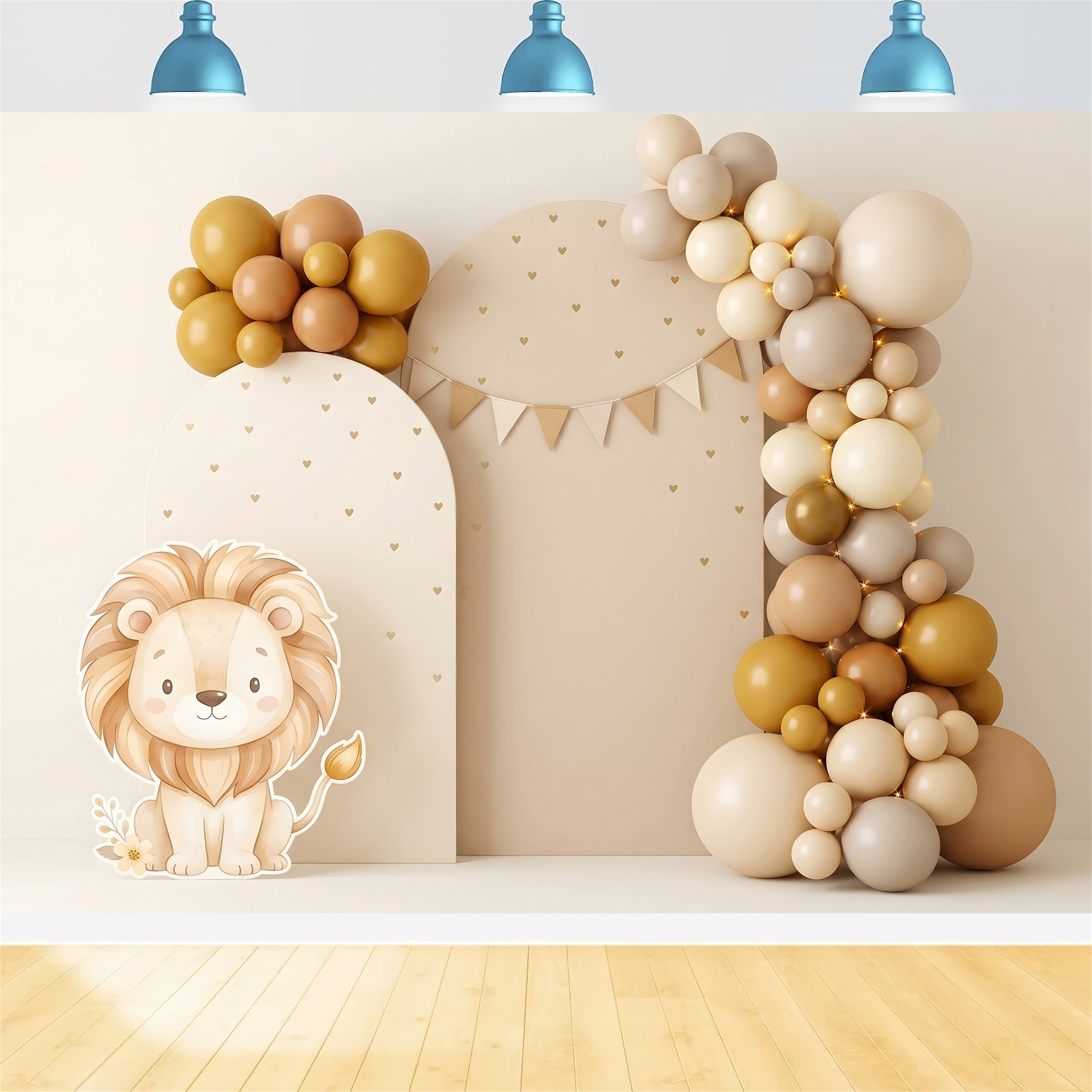 Toile de fond neutre pour nouveau-né avec lion doré et arche de ballons CEM65-51