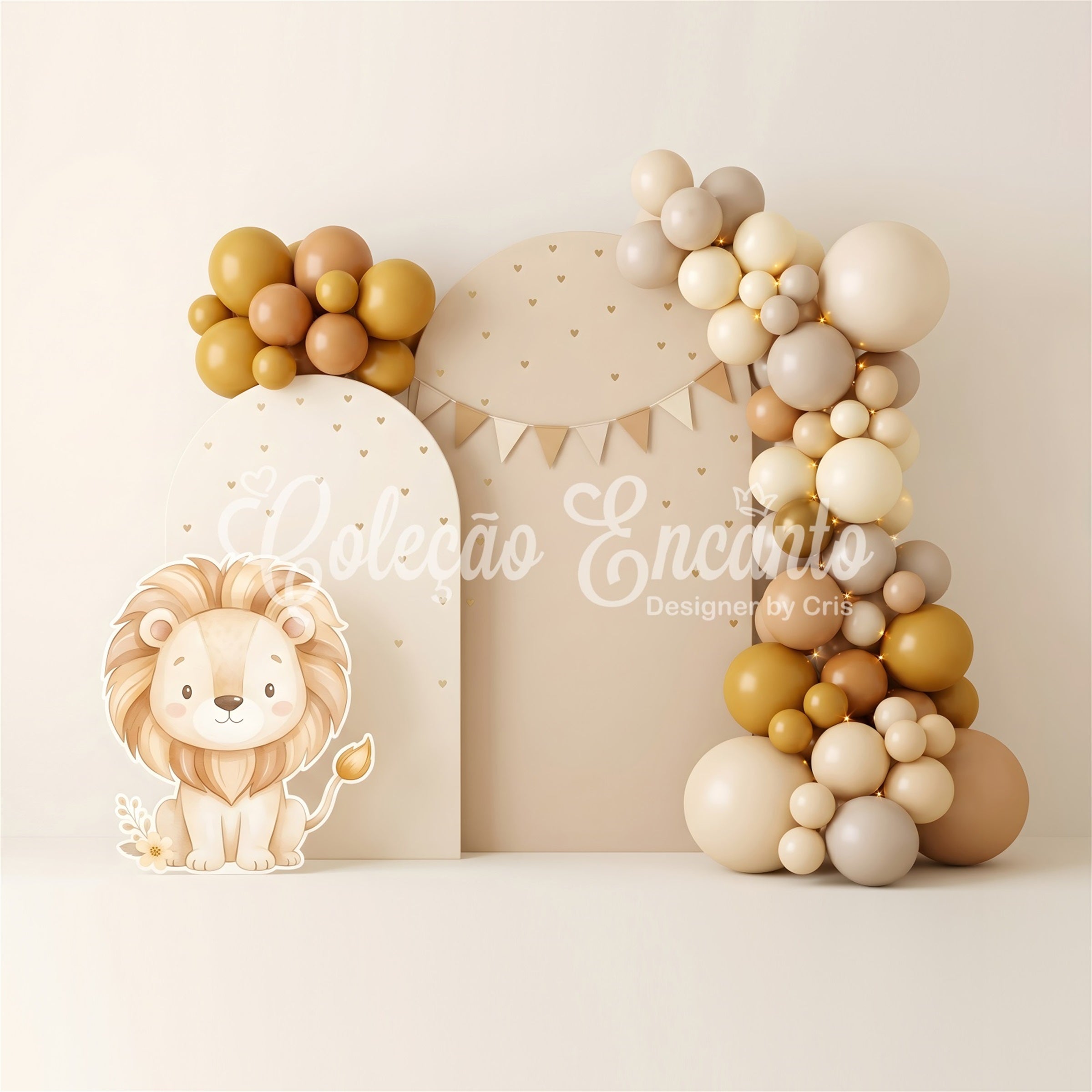 Toile de fond neutre pour nouveau-né avec lion doré et arche de ballons CEM65-51