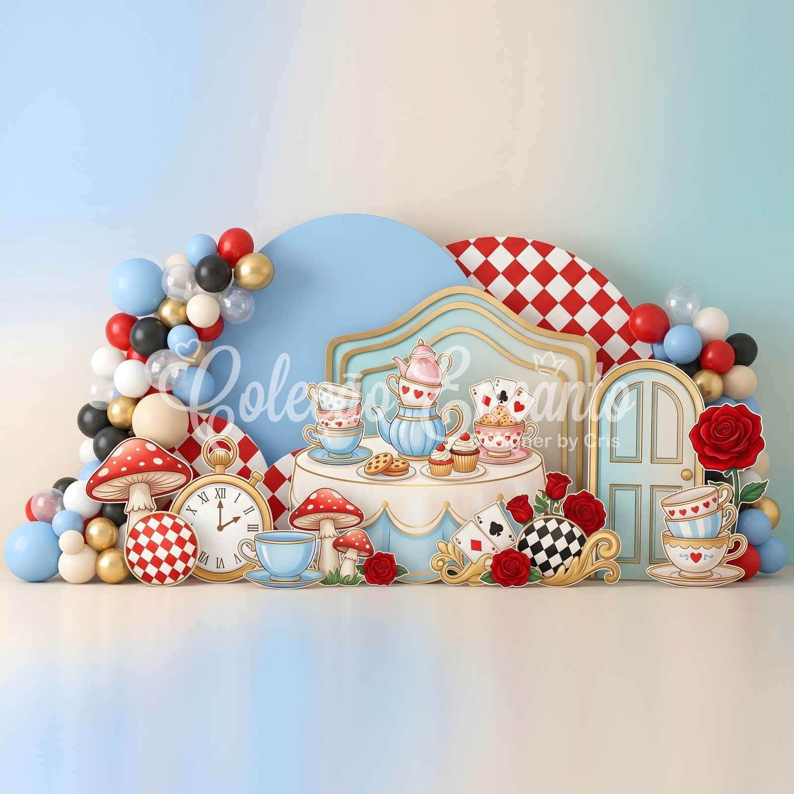 Toile de fond en tissu pour nouveau-né avec goûter du pays des merveilles et ballons CEM65-53