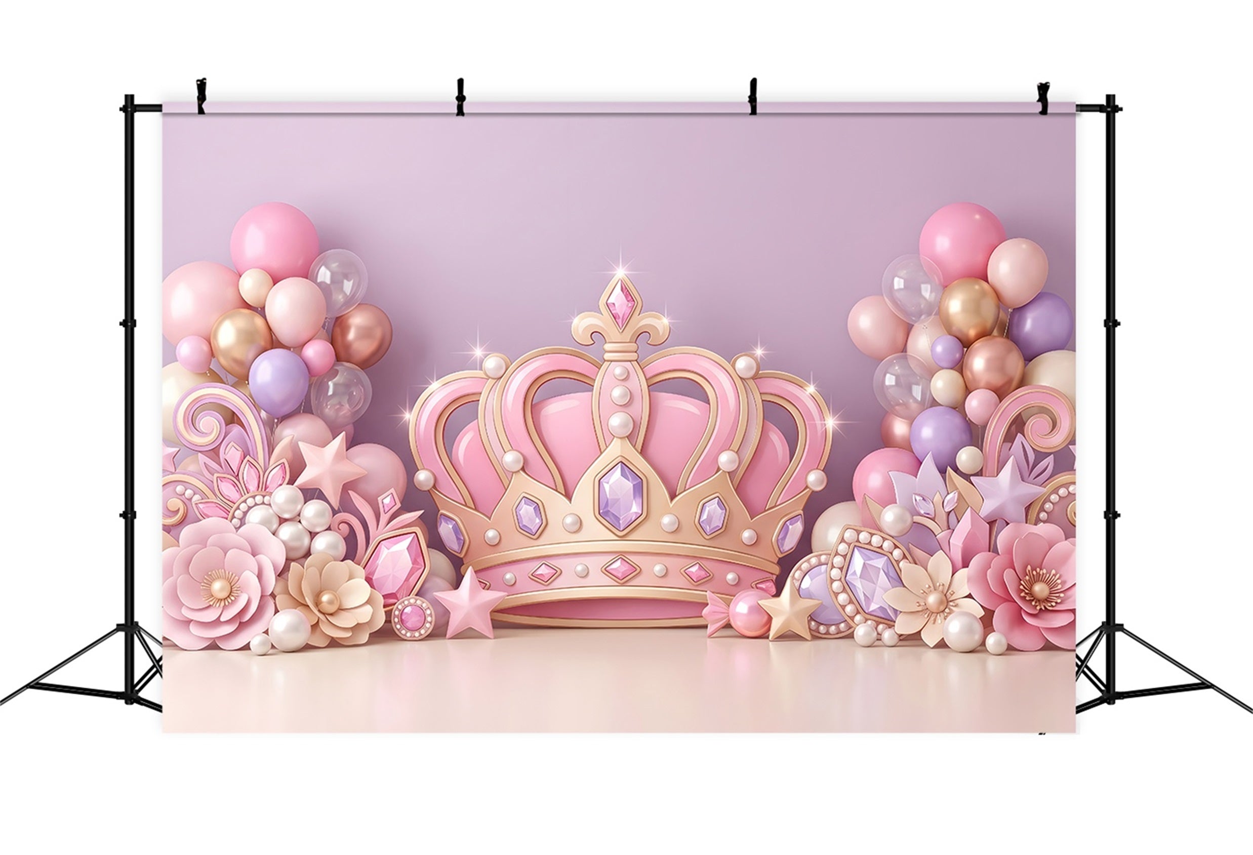 Toile de fond pour enfant avec princesse rose couronne bijoux et ballons CEM65-54