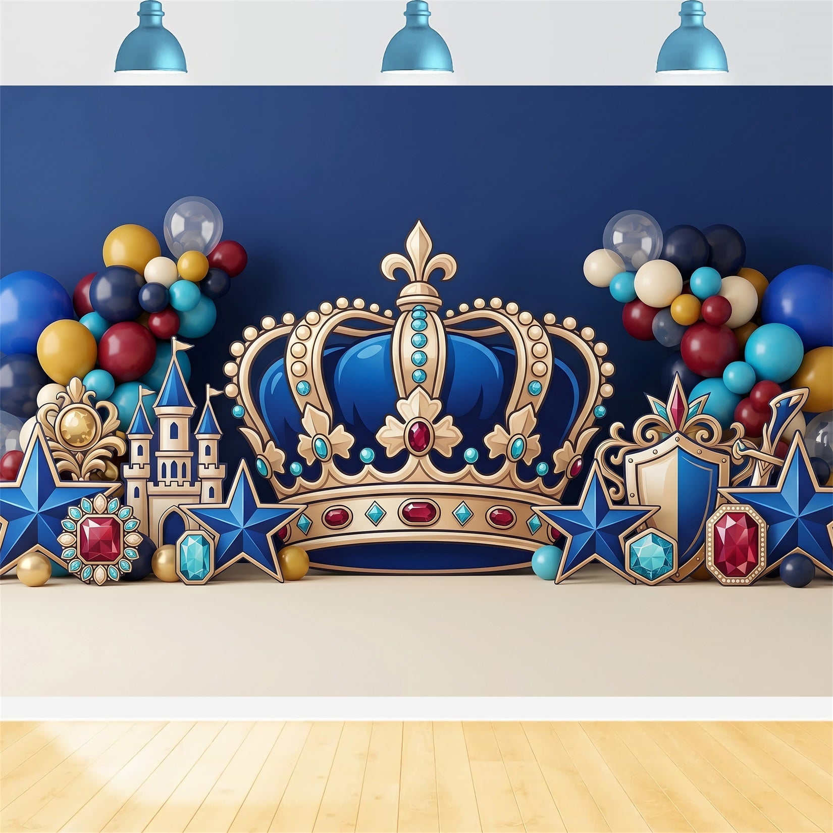 Toile de fond photo pour enfant avec château royal bleu et couronne CEM65-55
