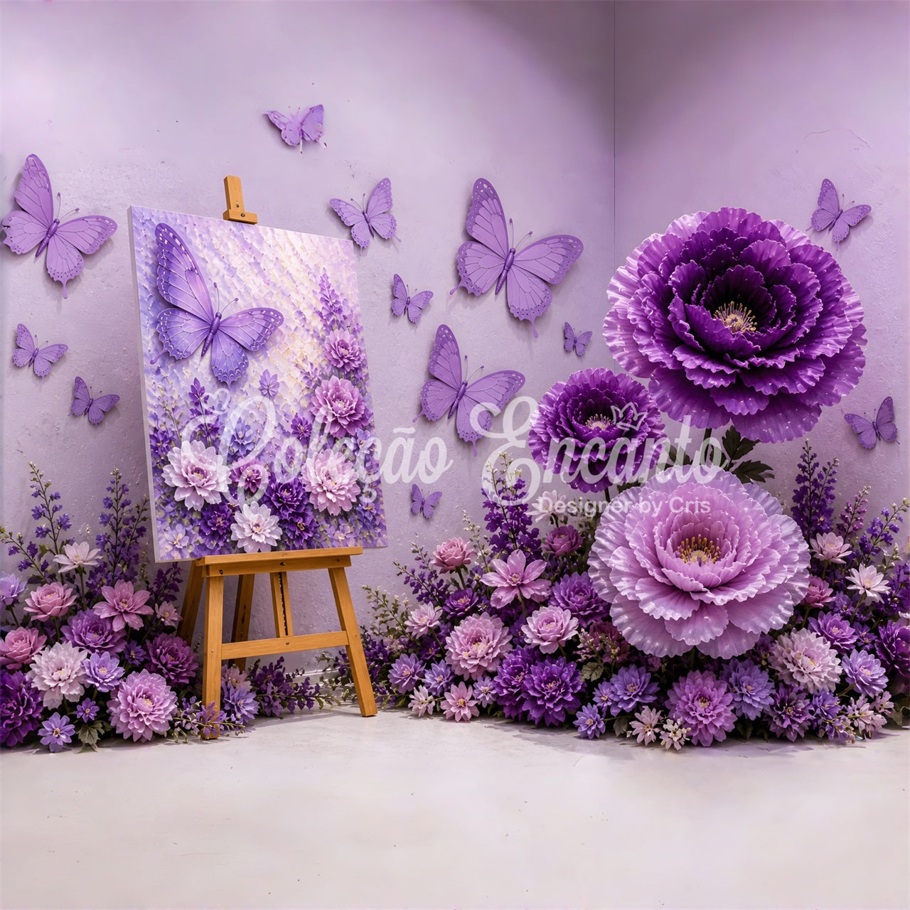 Toile de fond pour enfant avec papillons violets et décor floral artistique CEM65-6