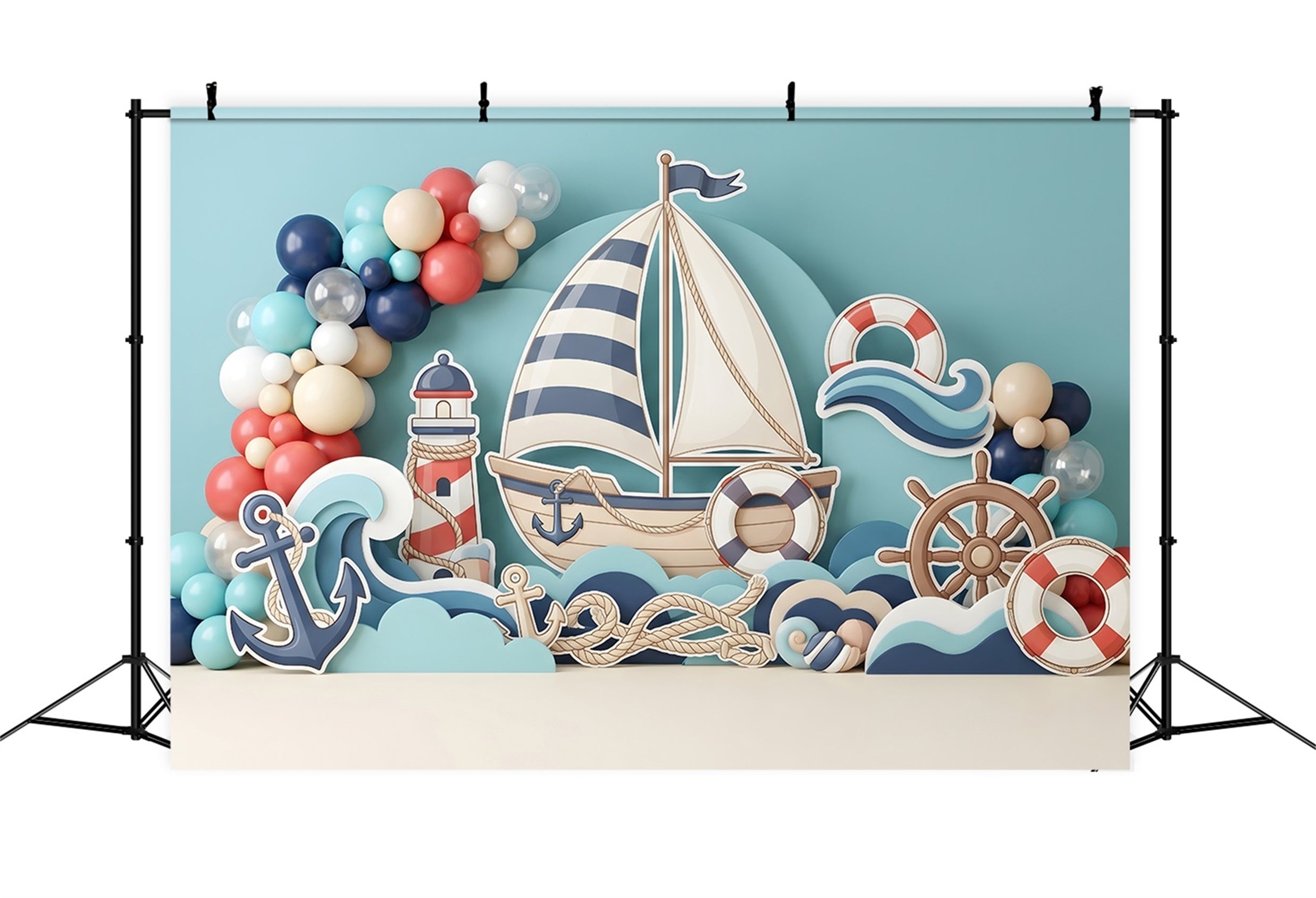 Toile de fond photo pour nouveau-né avec voilier ancre et ballons marins CEM65-60