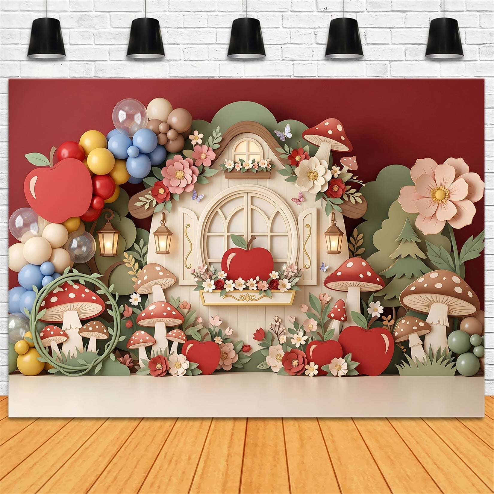 Toile de fond en tissu pour enfant avec pommes maison champignon ballons et jardin CEM65-61
