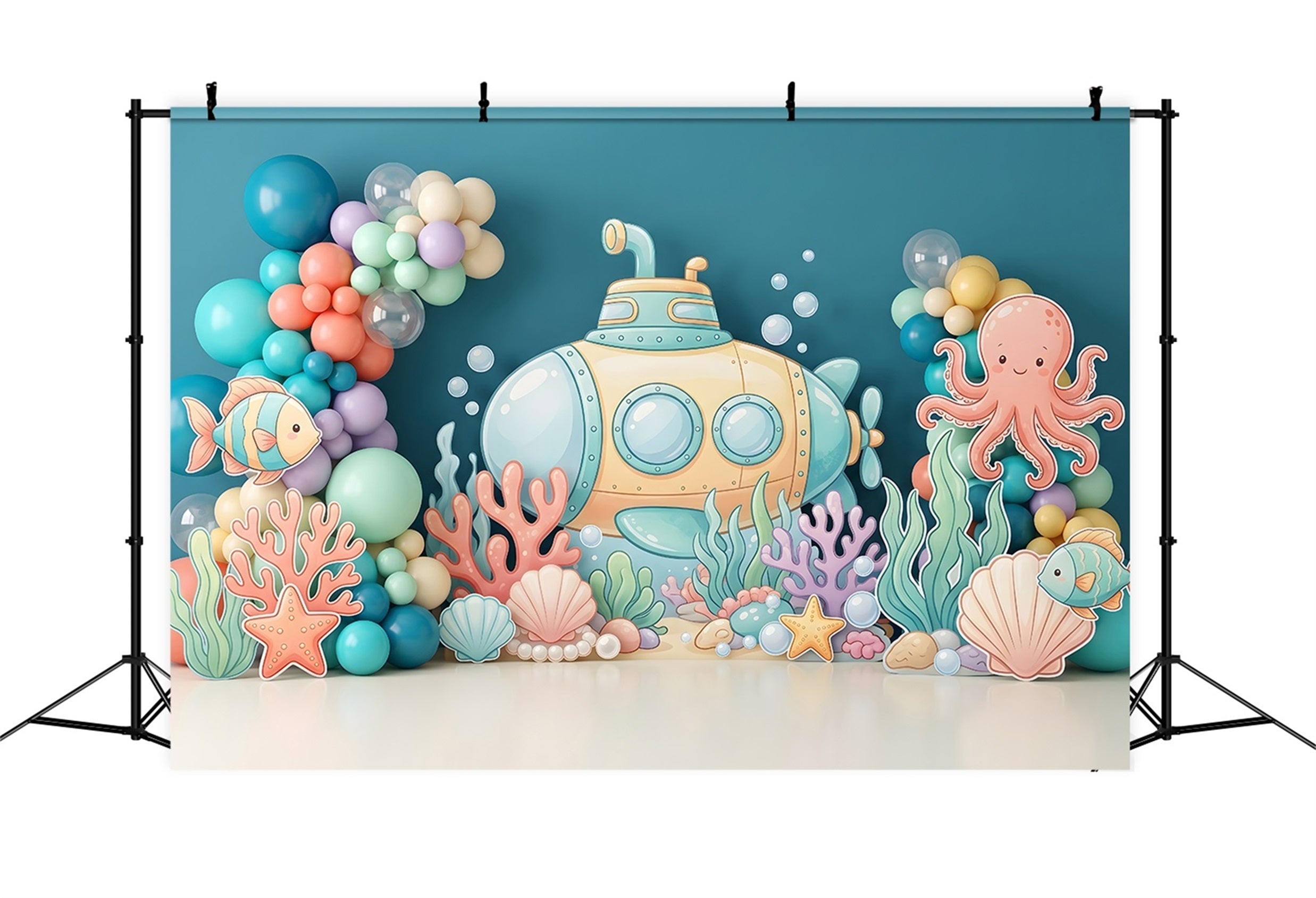 Toile de fond photo pour enfant avec sous-marin océan coraux et jardin de ballons CEM65-63