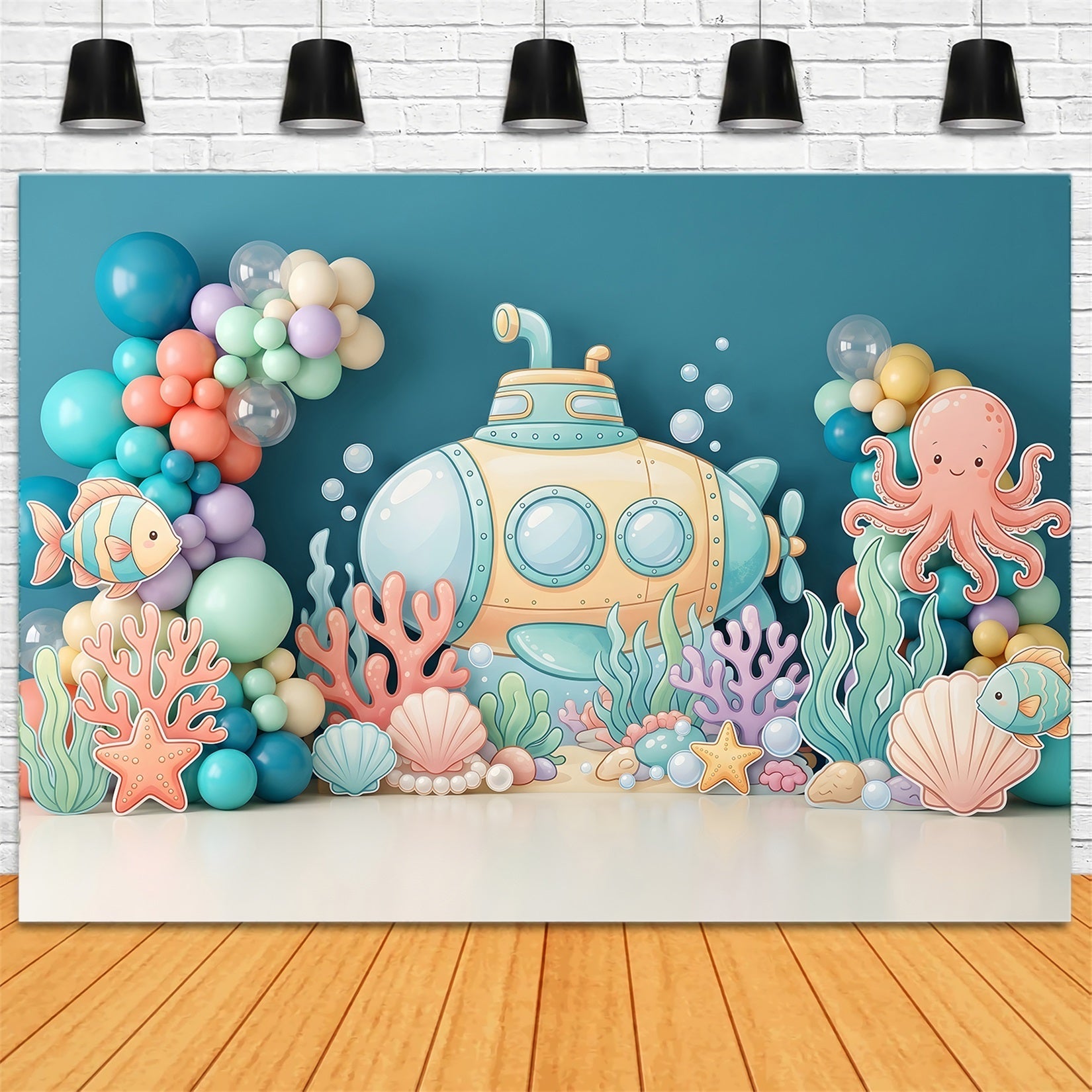 Toile de fond photo pour enfant avec sous-marin océan coraux et jardin de ballons CEM65-63