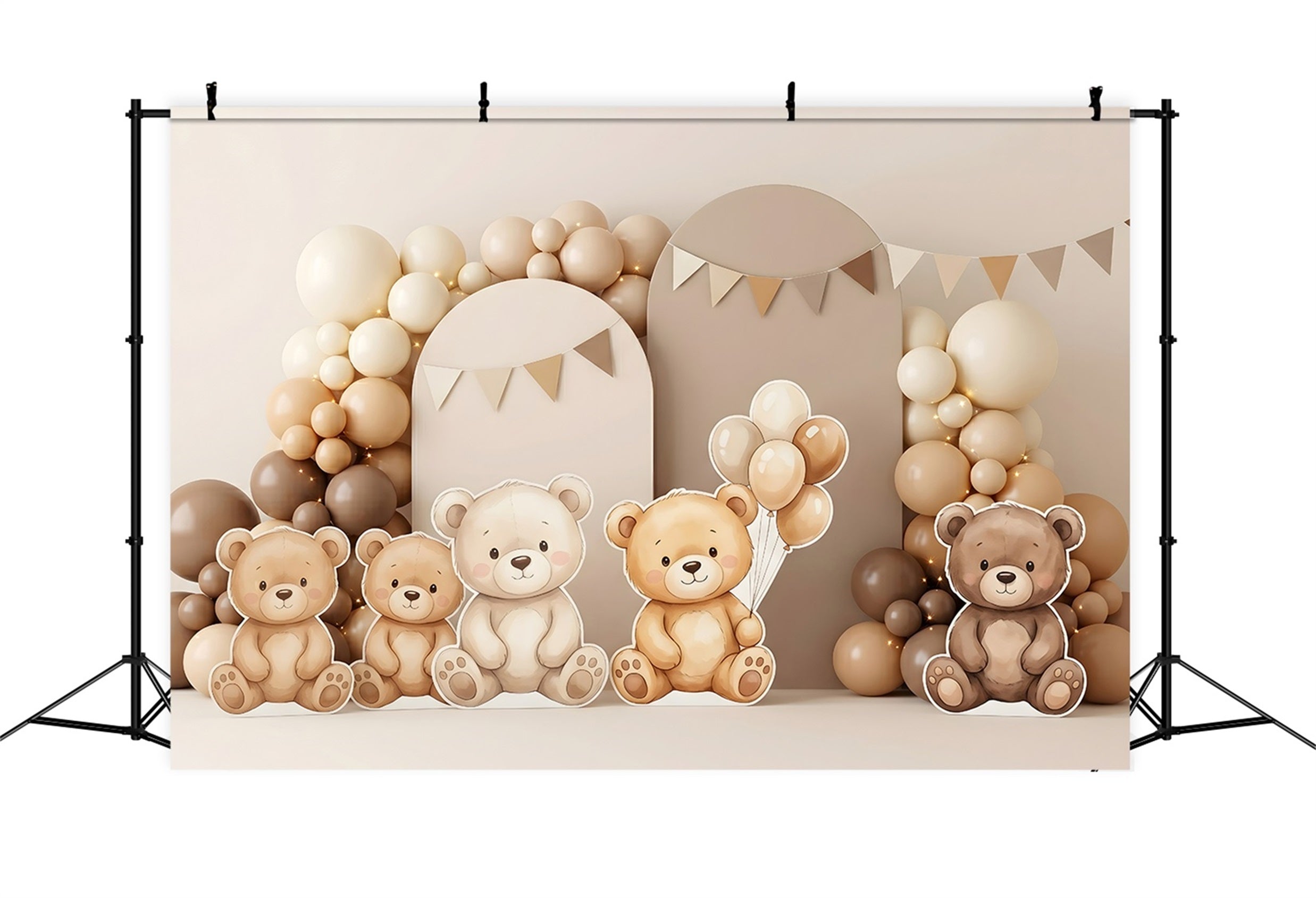 Toile de fond photo neutre pour enfant avec ours en peluche et arche de ballons CEM65-65