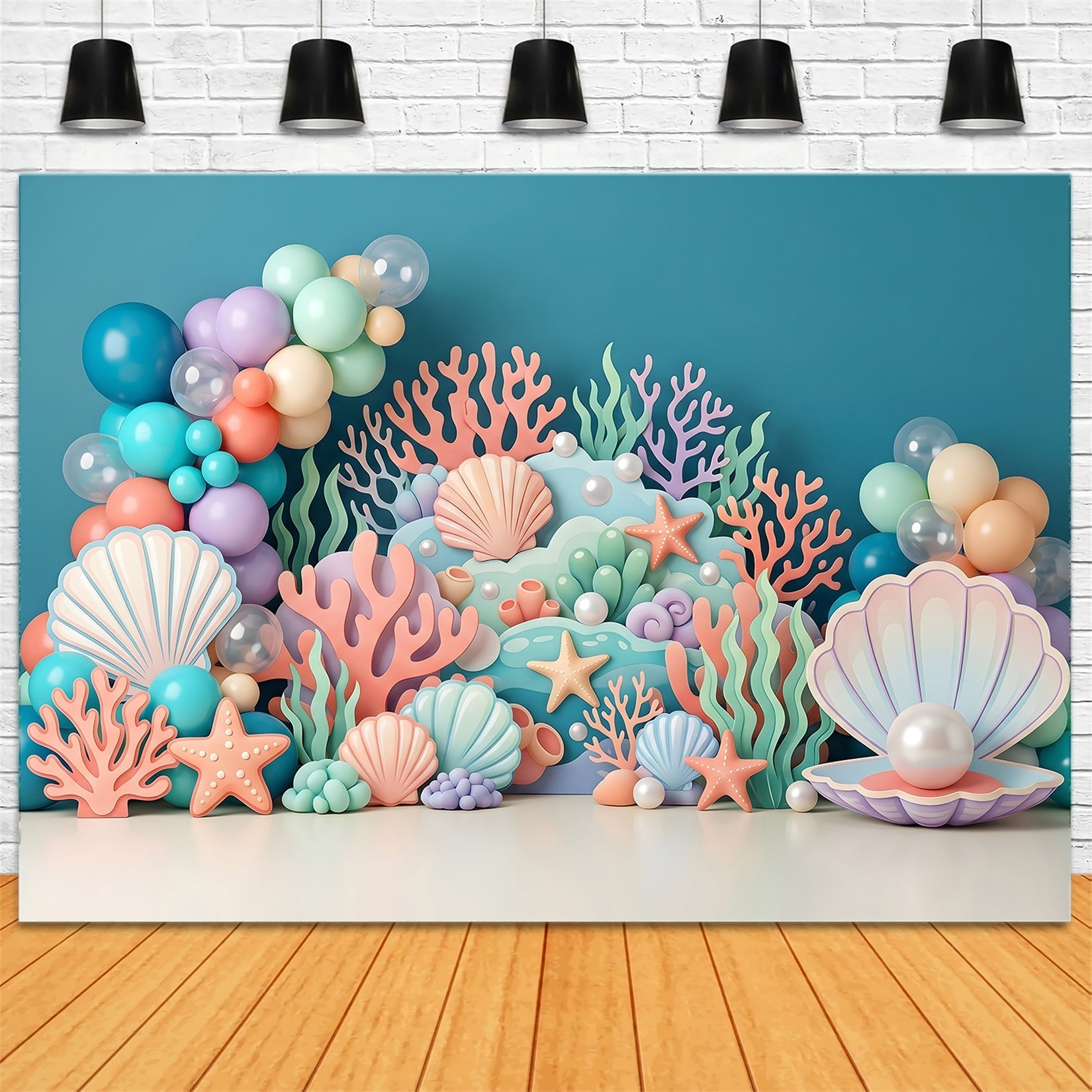 Toile de fond en tissu pour nouveau-né avec coquillages pastel coraux et ballons CEM65-66