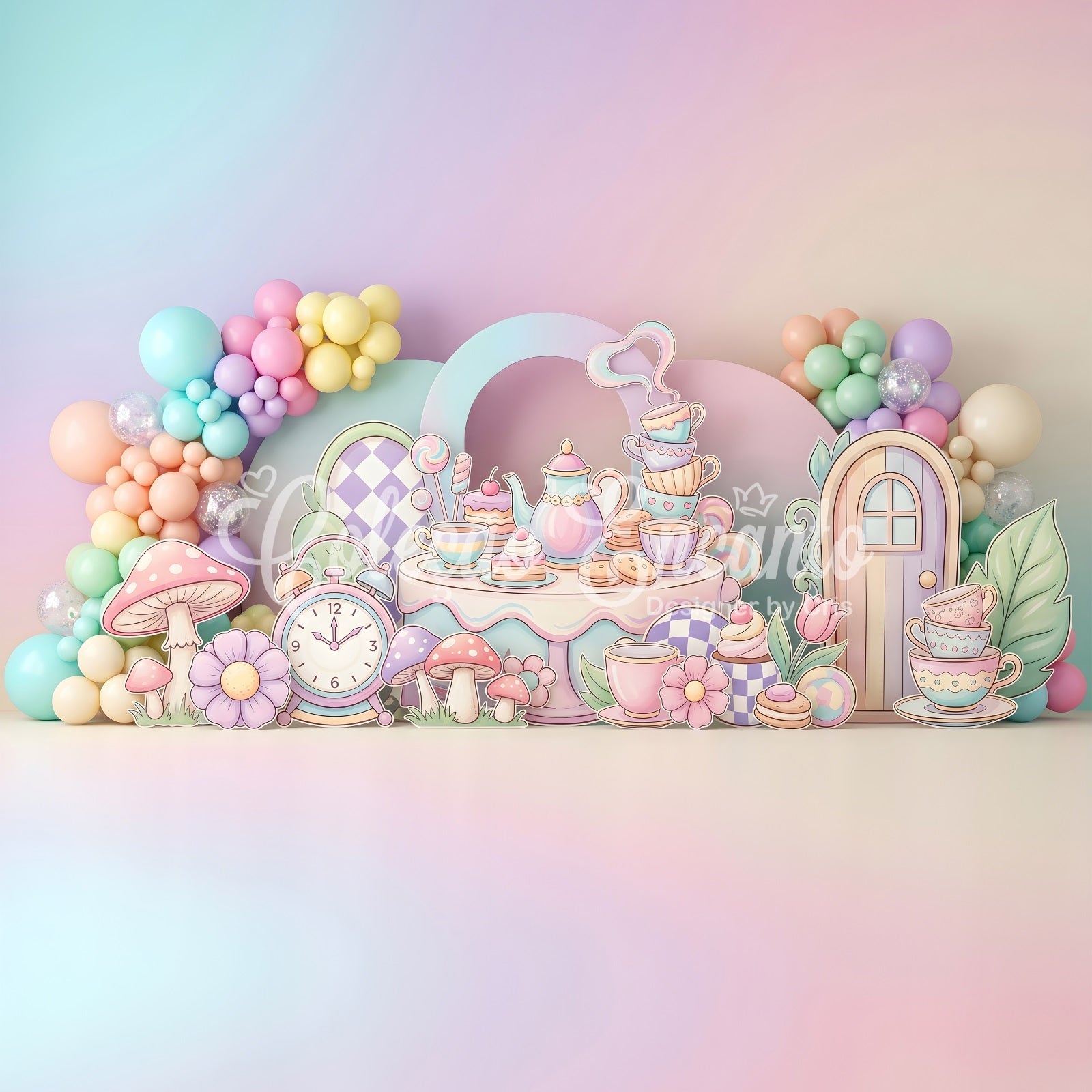 Toile de fond photo pour nouveau-né avec goûter pastel et jardin de champignons CEM65-68