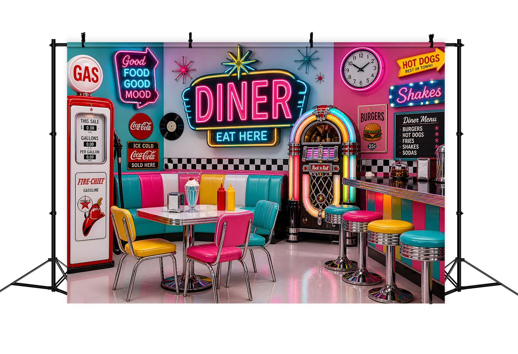 Toile de fond pour nouveau-né avec restaurant rétro lumineux et machine musicale ancienne CEM65-7