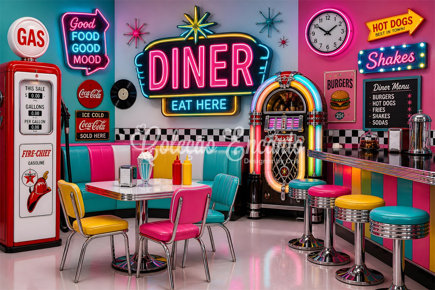 Toile de fond pour nouveau-né avec restaurant rétro lumineux et machine musicale ancienne CEM65-7