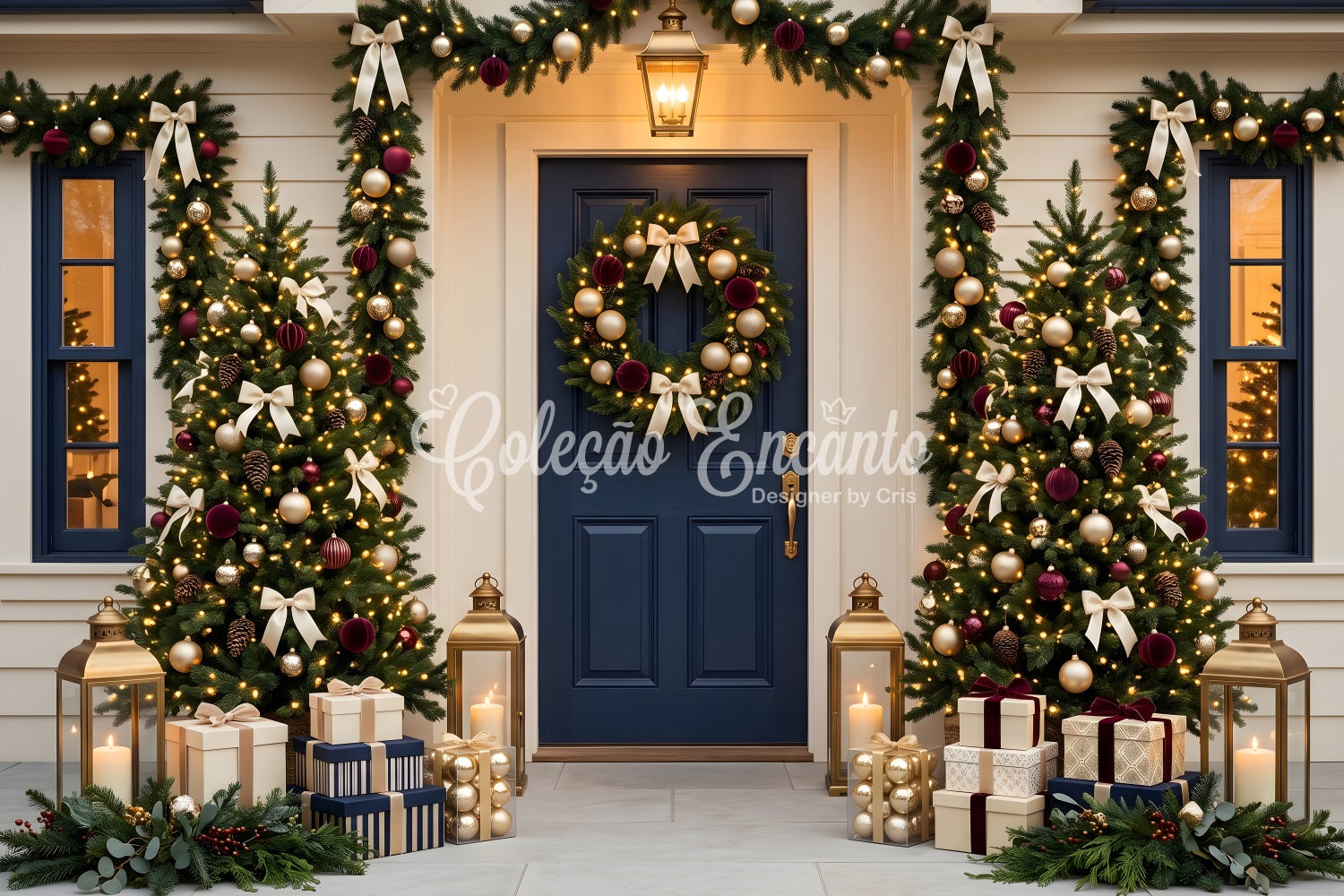Toile de fond de Noël avec porte bleu marine guirlande sapin et porche CEM65-70
