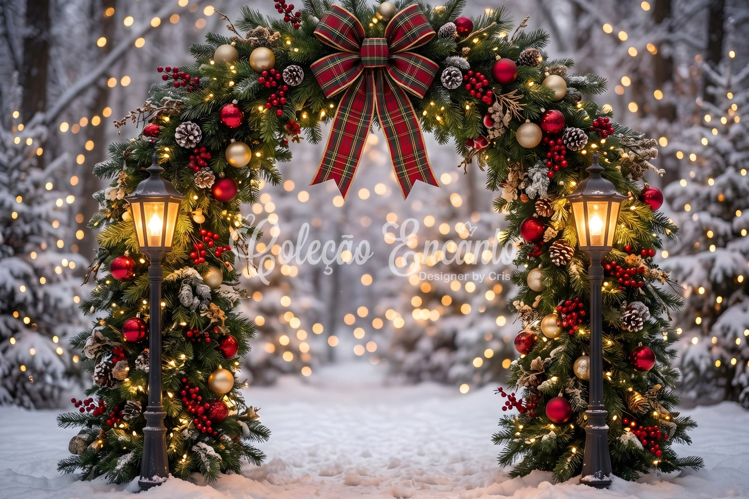 Toile de fond photo de Noël avec forêt enneigée arche à carreaux et couronne CEM65-71