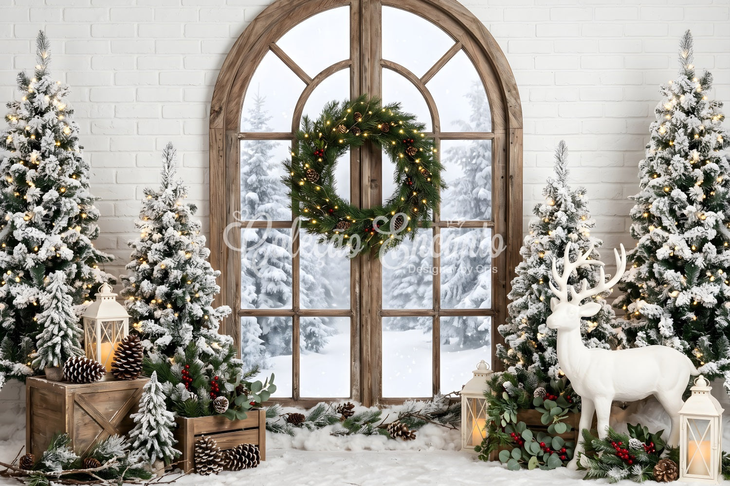 Toile de fond de Noël avec fenêtre givrée couronne cerf et sapins pour photomaton CEM65-74
