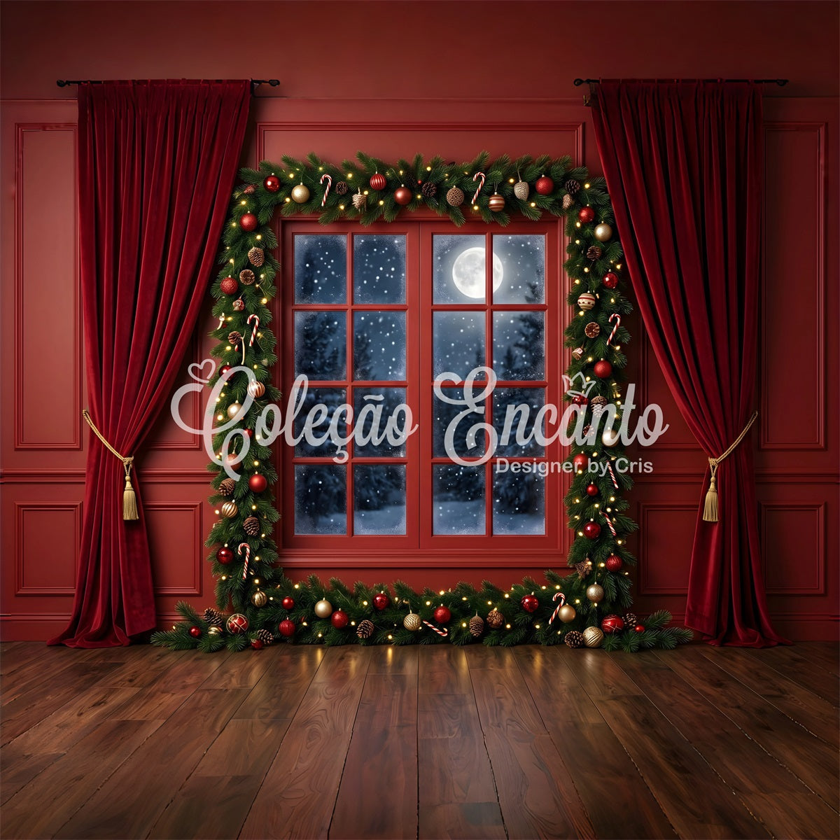 Toile de fond de Noël avec fenêtre rouge cramoisi au clair de lune et guirlande CEM65-77