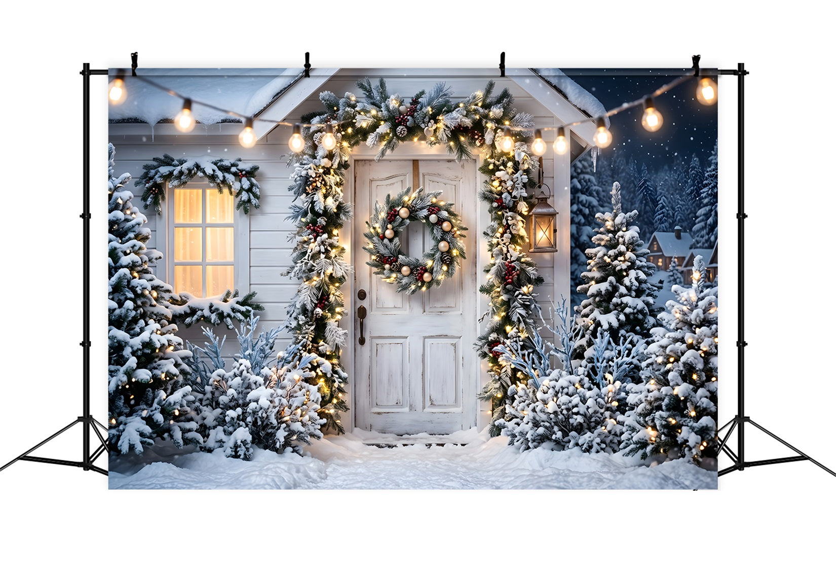 Toile de fond de Noël avec porche blanc enneigé et couronne pour photomaton CEM65-78