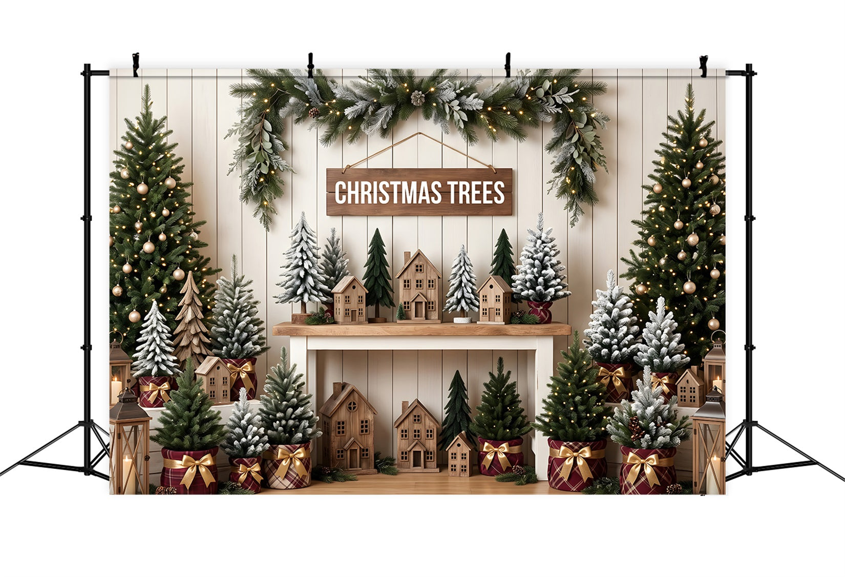 Toile de fond de Noël haute définition avec marché rustique de sapins CEM65-79