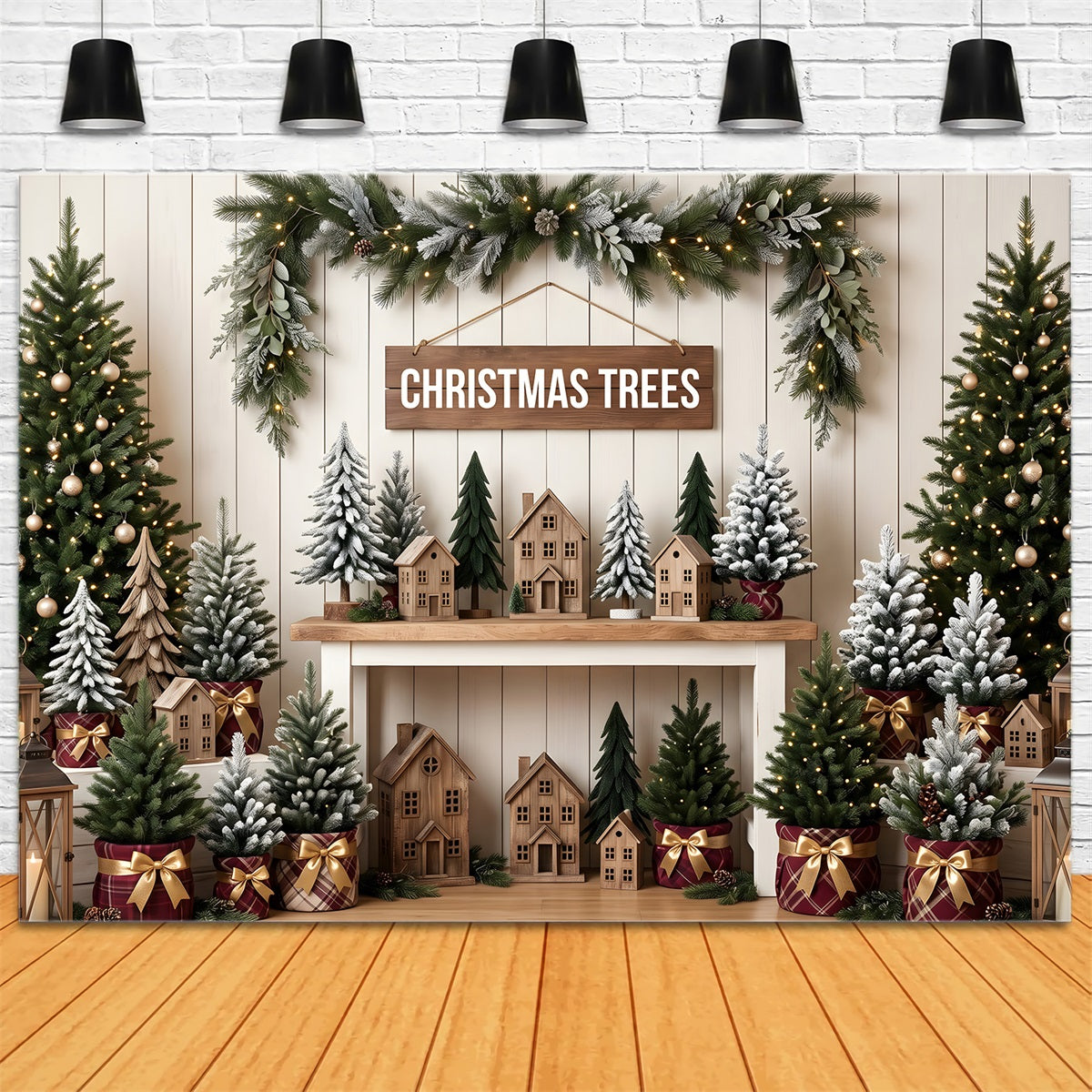 Toile de fond de Noël haute définition avec marché rustique de sapins CEM65-79