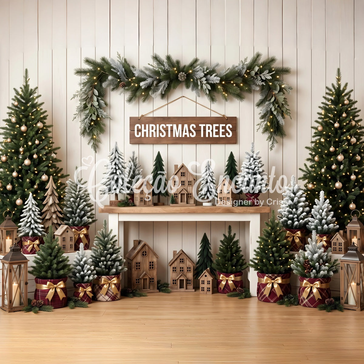 Toile de fond de Noël haute définition avec marché rustique de sapins CEM65-79