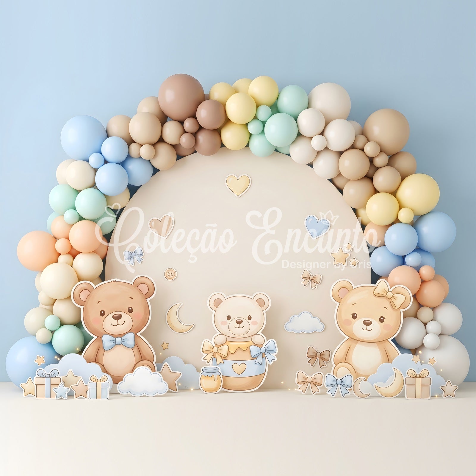 Toile de fond photo pour nouveau-né et enfant avec ours en peluche pastel et arche de ballons CEM65-8