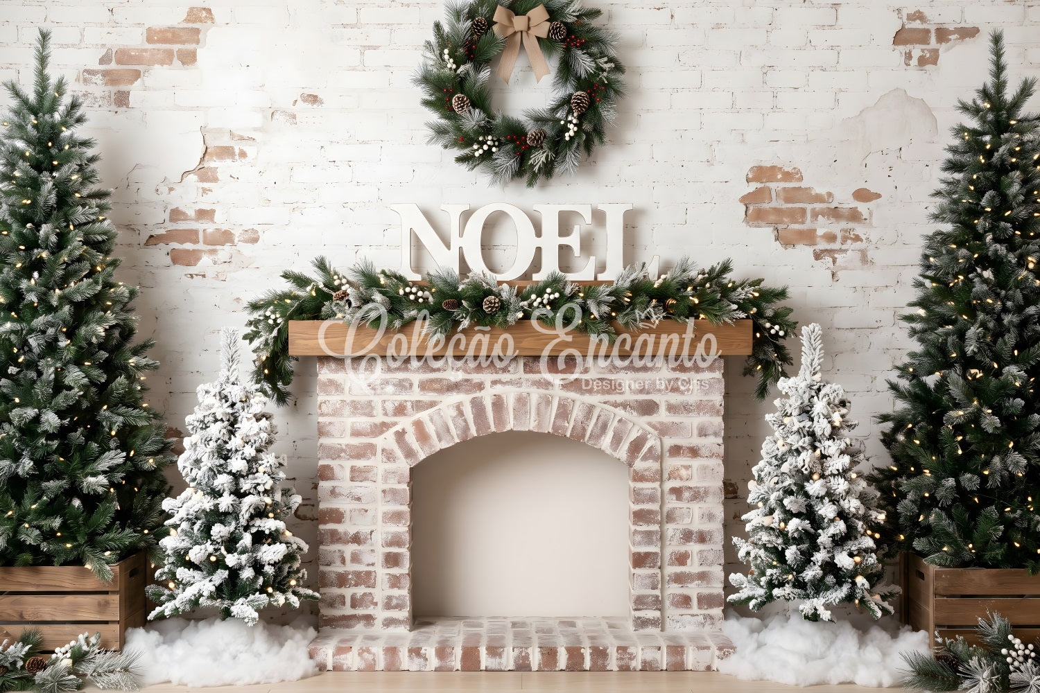 Toile de fond de Noël format 10 × 10 avec cheminée en briques givrées et couronne CEM65-81