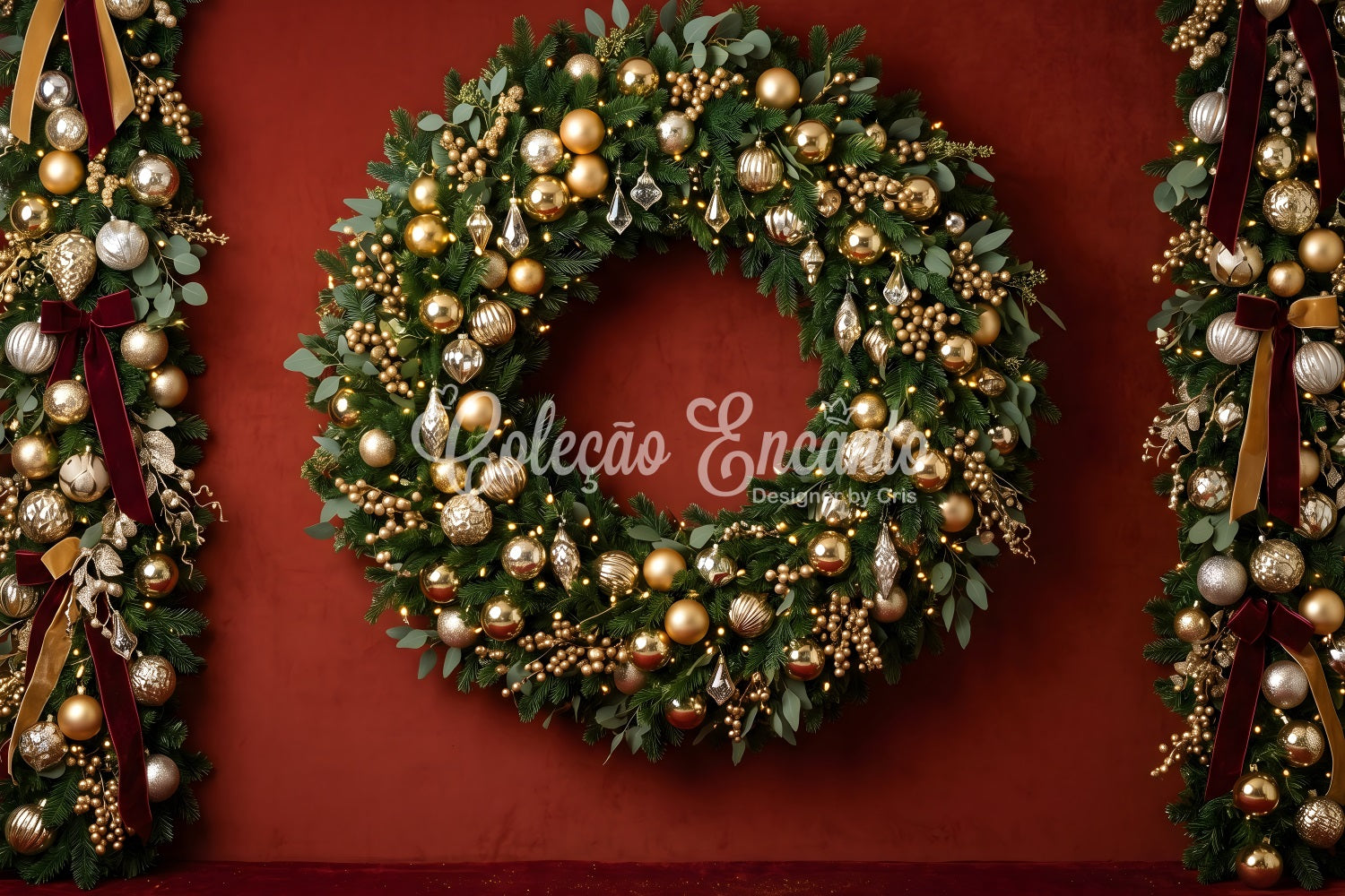 Toile de fond photo de Noël avec ornements dorés couronne et guirlande CEM65-83