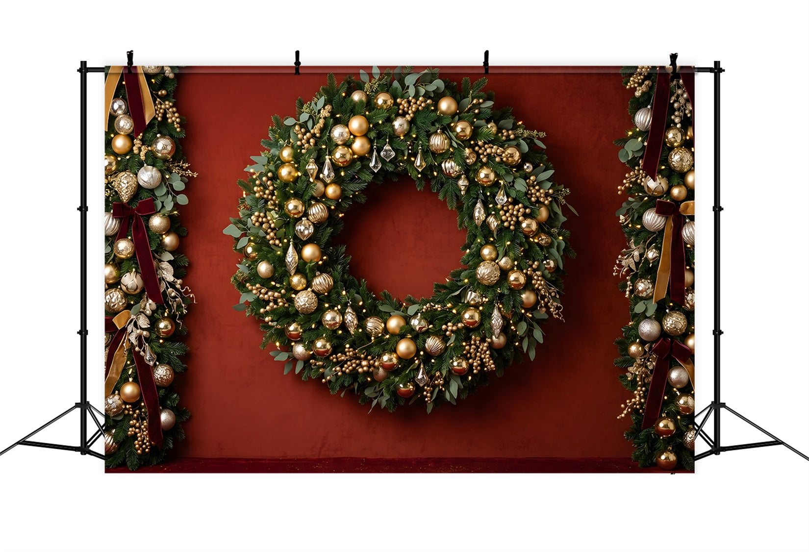 Toile de fond photo de Noël avec ornements dorés couronne et guirlande CEM65-83