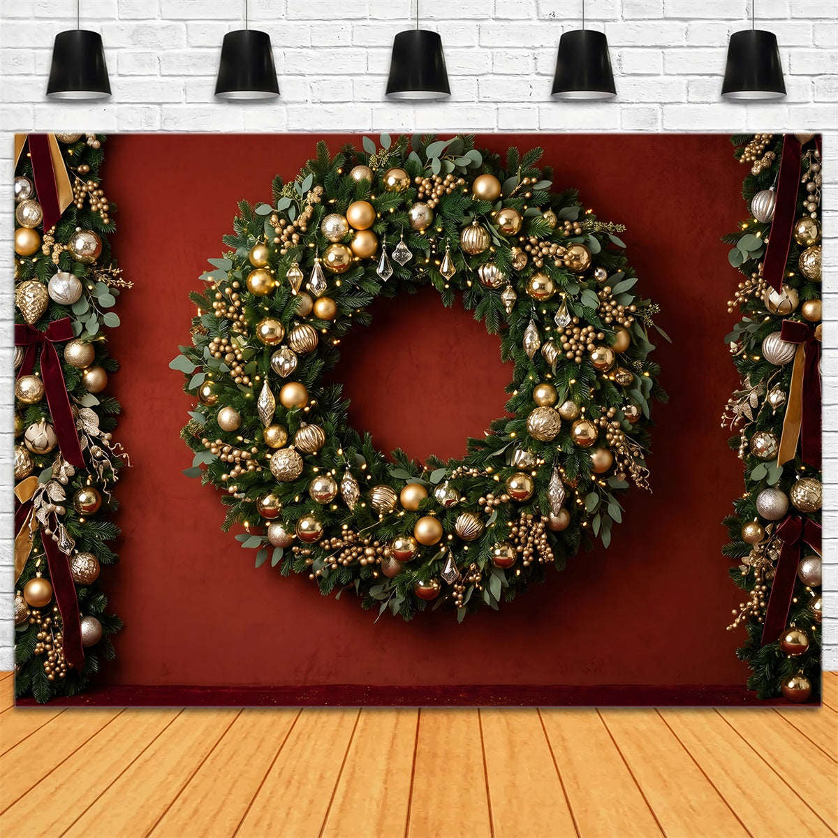 Toile de fond photo de Noël avec ornements dorés couronne et guirlande CEM65-83