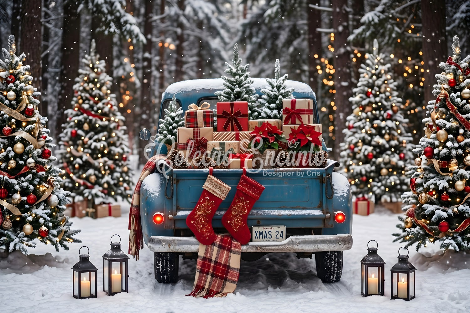 Toile de fond de Noël avec camion bleu rétro forêt et cadeaux CEM65-85