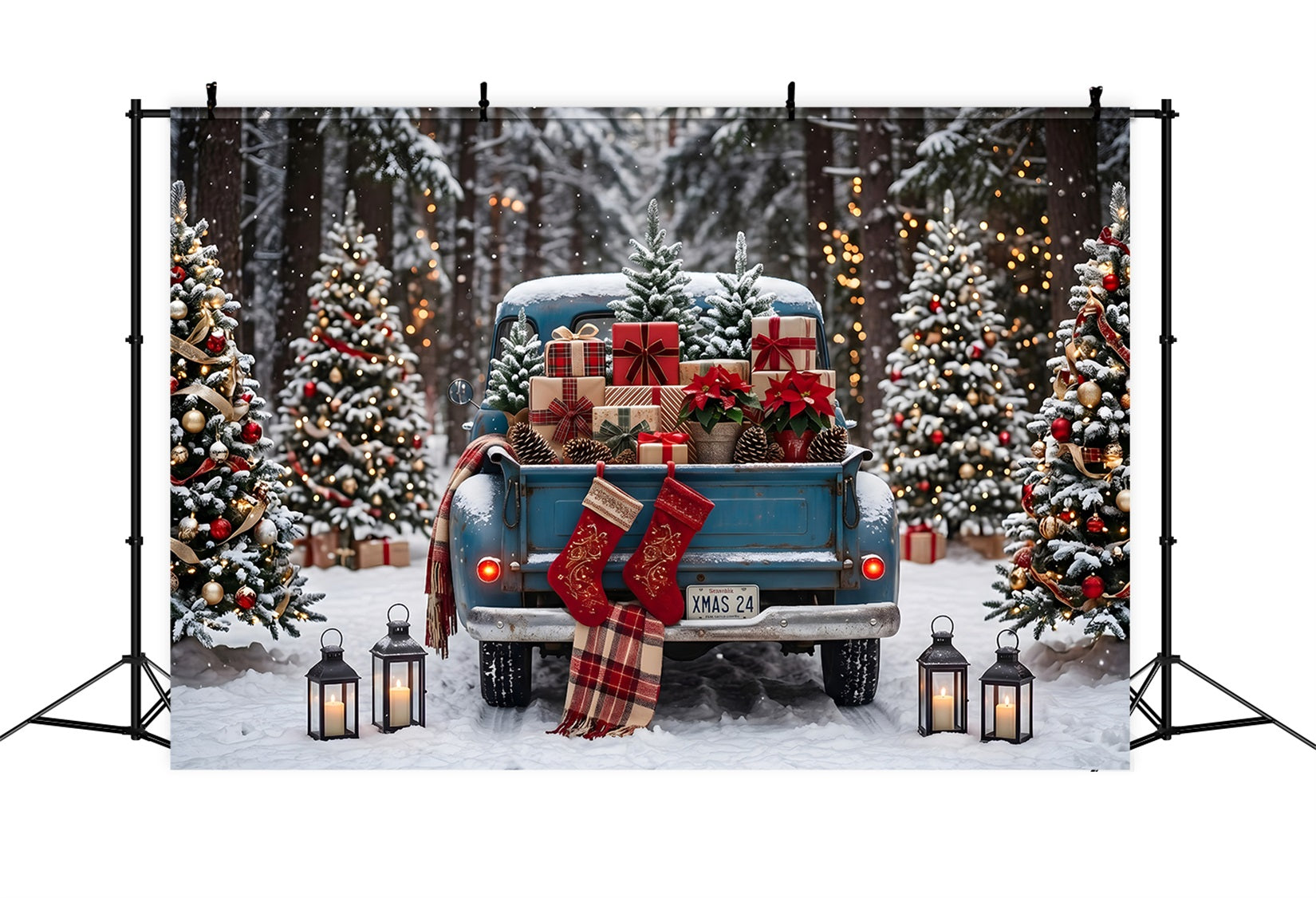 Toile de fond de Noël avec camion bleu rétro forêt et cadeaux CEM65-85