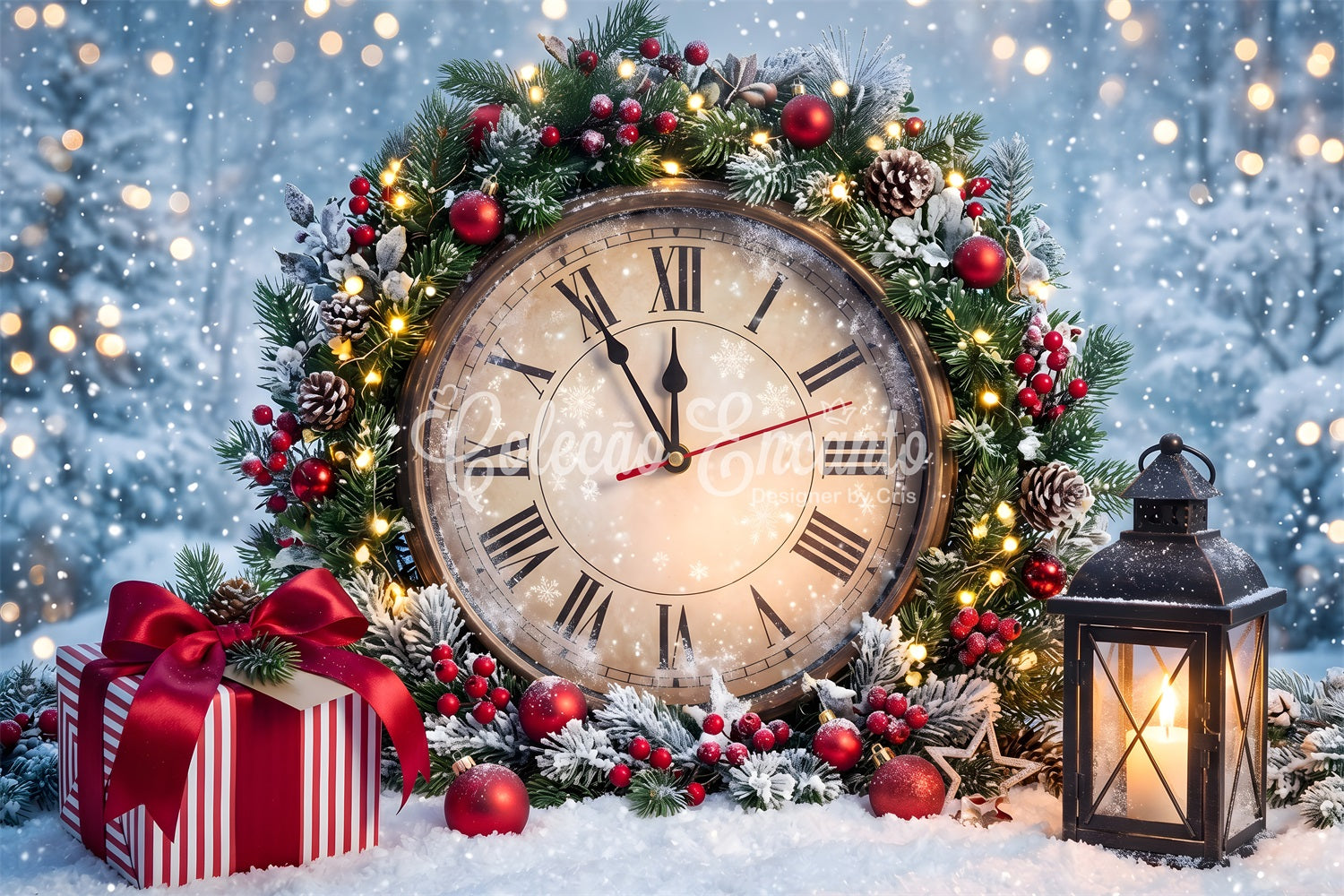Toile de fond de Noël avec horloge de minuit enneigée couronne et lanterne CEM65-86