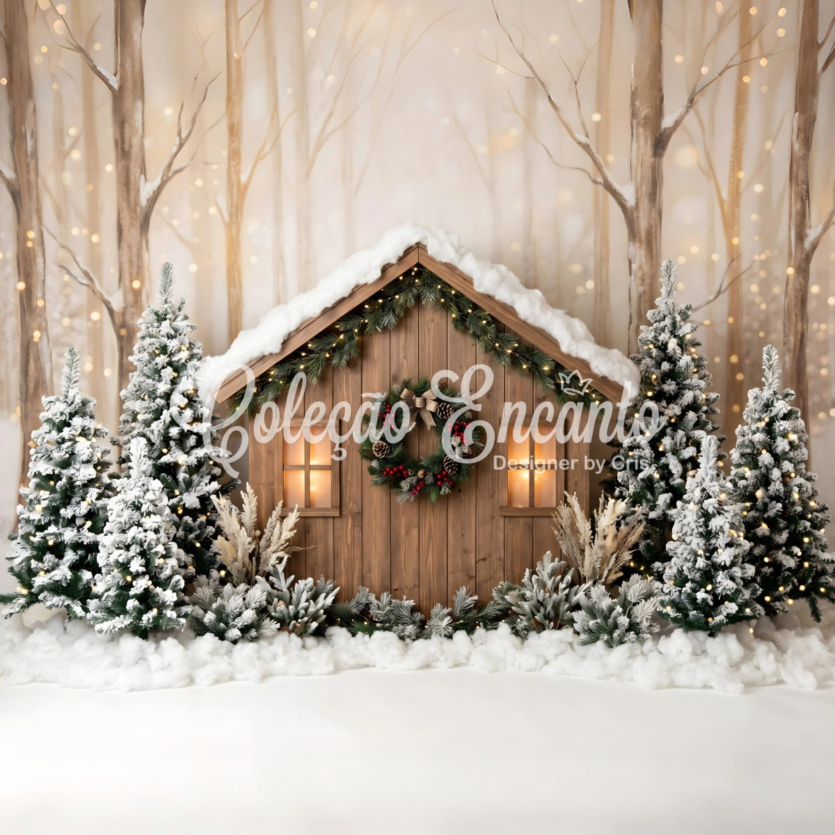 Toile de fond extérieure de Noël avec chalet boisé enneigé et pins lumineux CEM65-87
