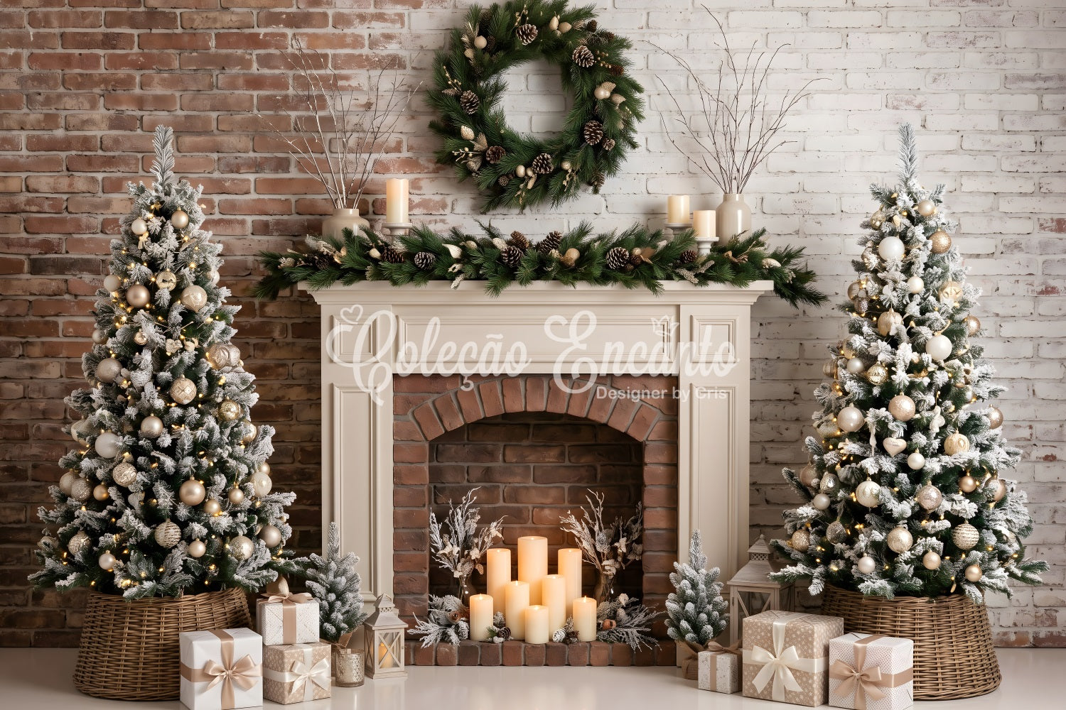 Toile de fond photo de Noël avec cheminée givrée bougies et sapins CEM65-88