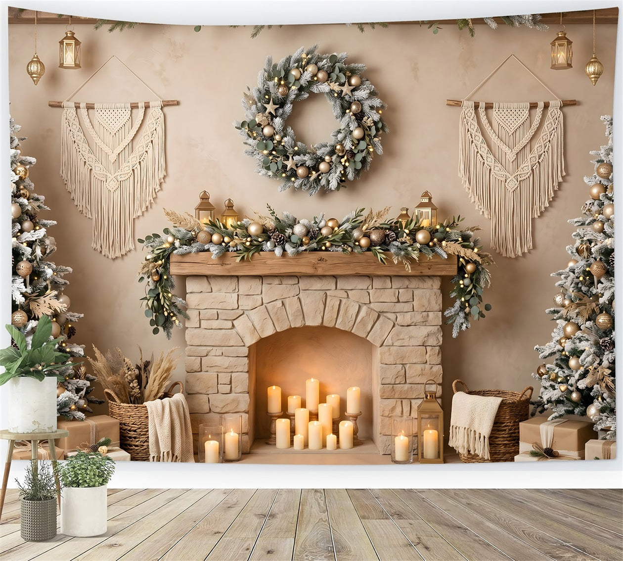 Toile de fond bohème de Noël avec macramé cheminée bougies et sapins CEM65-89