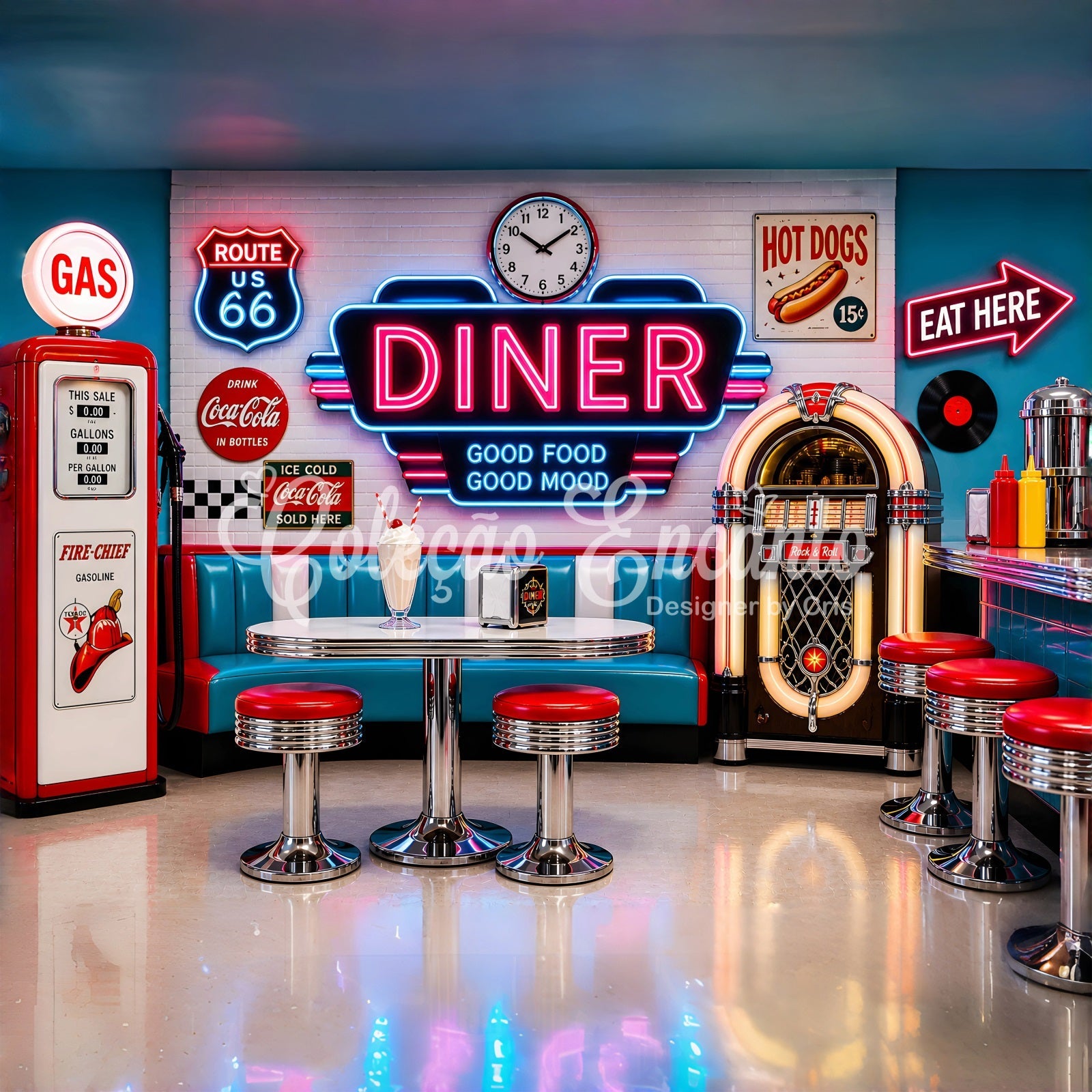 Toile de fond photo pour nouveau-né avec restaurant rétro lumineux banquette et machine musicale CEM65-9