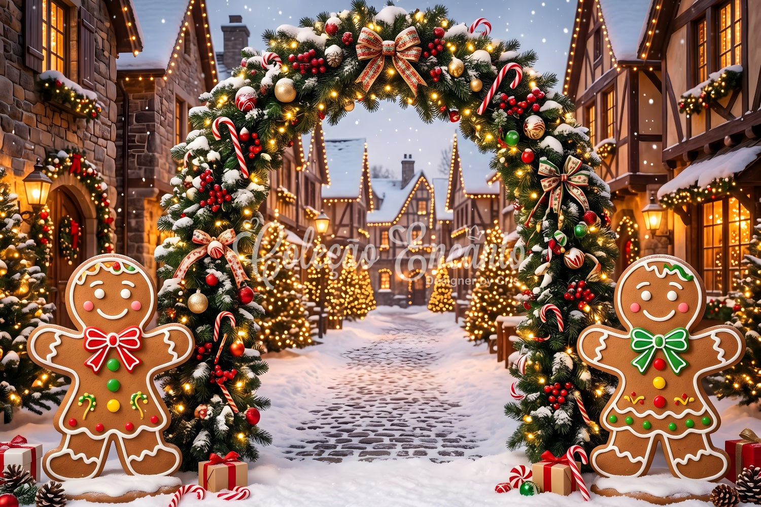 Toile de fond élégante de Noël avec village en pain d’épices enneigé et arche lumineuse CEM65-92