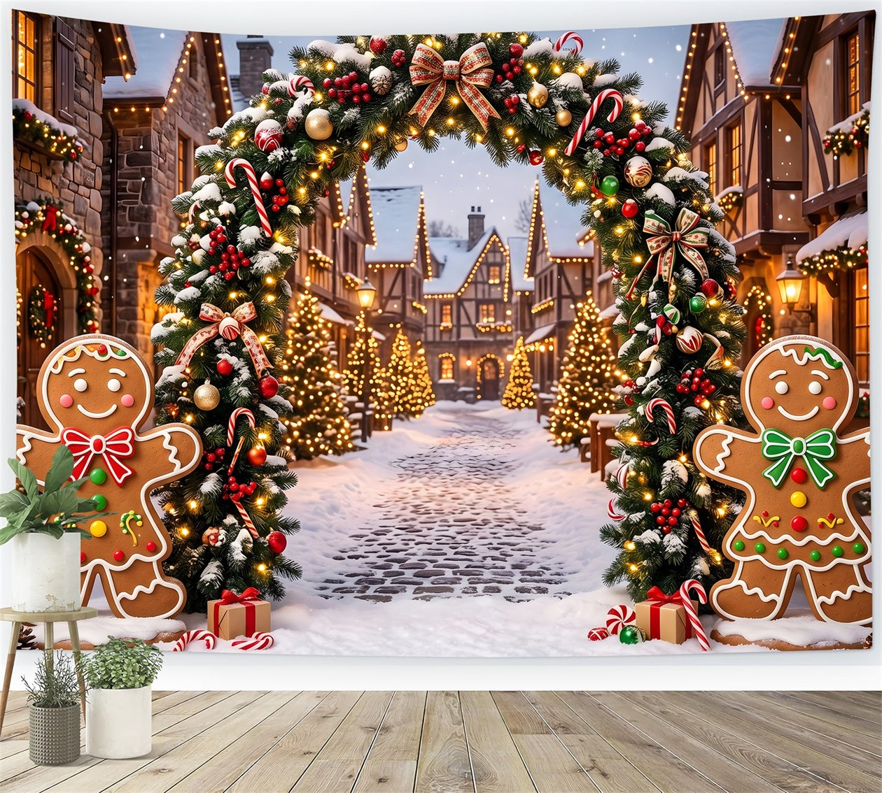 Toile de fond élégante de Noël avec village en pain d’épices enneigé et arche lumineuse CEM65-92