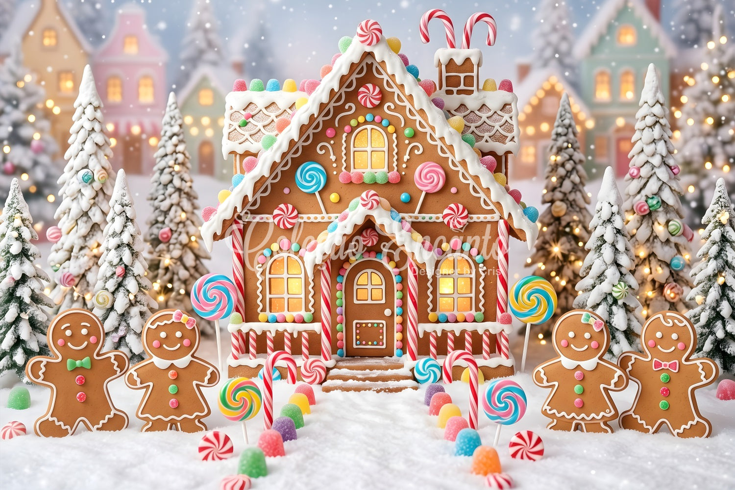 Toile de fond professionnelle de Noël avec village en pain d’épices et chemin enneigé CEM65-95
