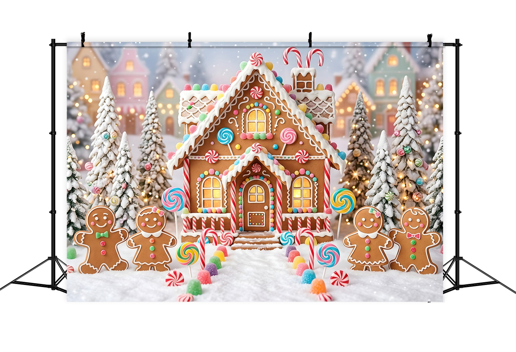 Toile de fond professionnelle de Noël avec village en pain d’épices et chemin enneigé CEM65-95