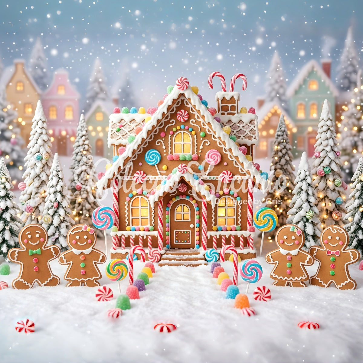 Toile de fond professionnelle de Noël avec village en pain d’épices et chemin enneigé CEM65-95