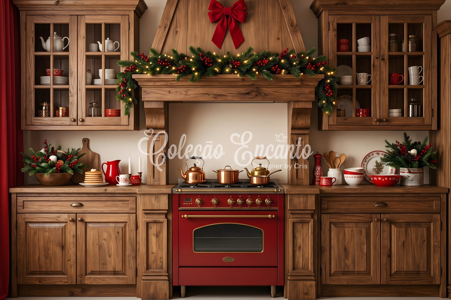 Toile de fond de cuisine de Noël avec pin et guirlande rustique CEM65-96