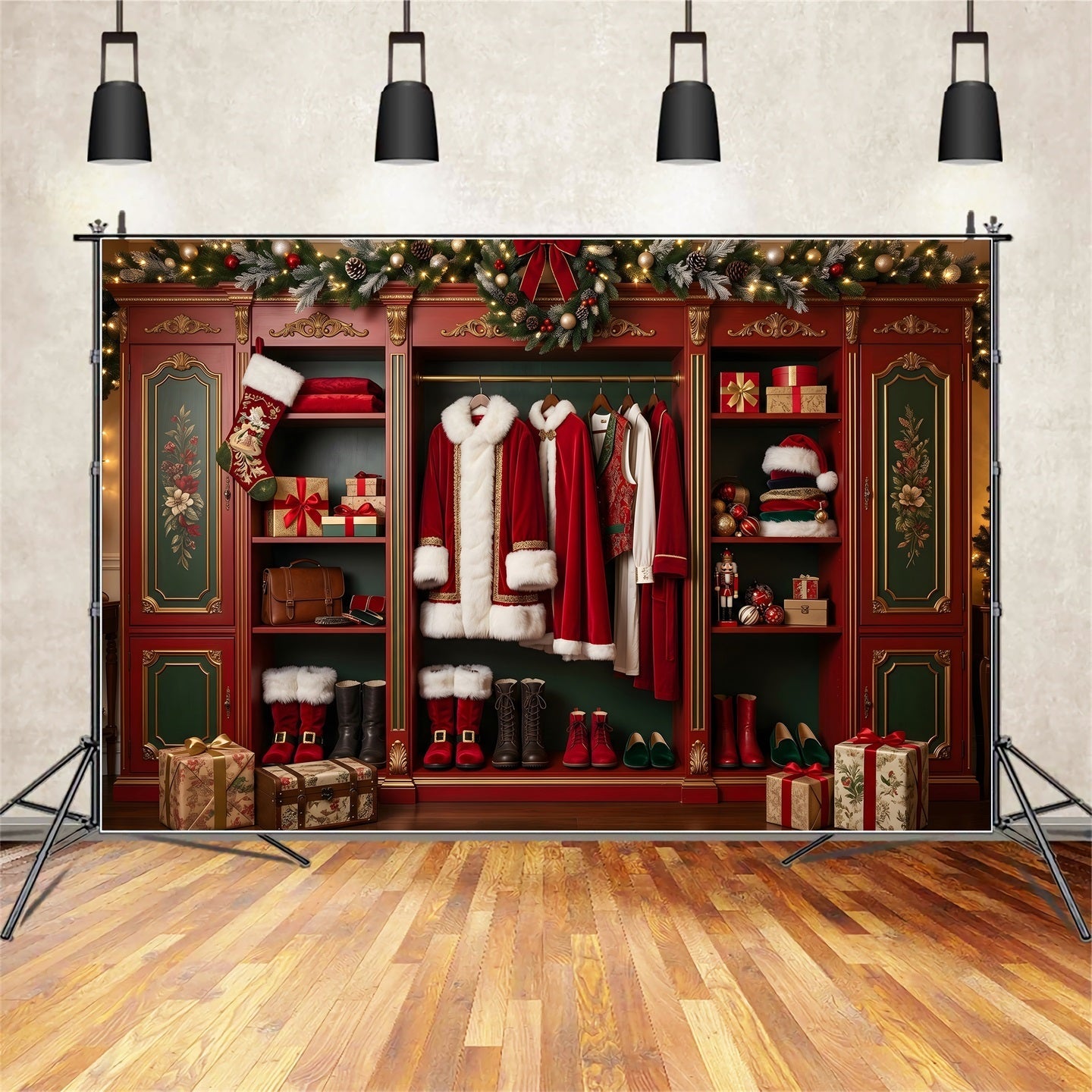 Toile de fond de Noël rétro avec armoire du Père Noël et cadeaux de fête CEM65-98