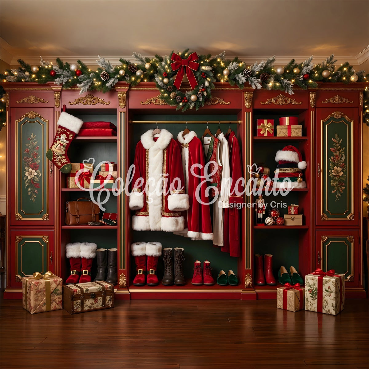 Toile de fond de Noël rétro avec armoire du Père Noël et cadeaux de fête CEM65-98