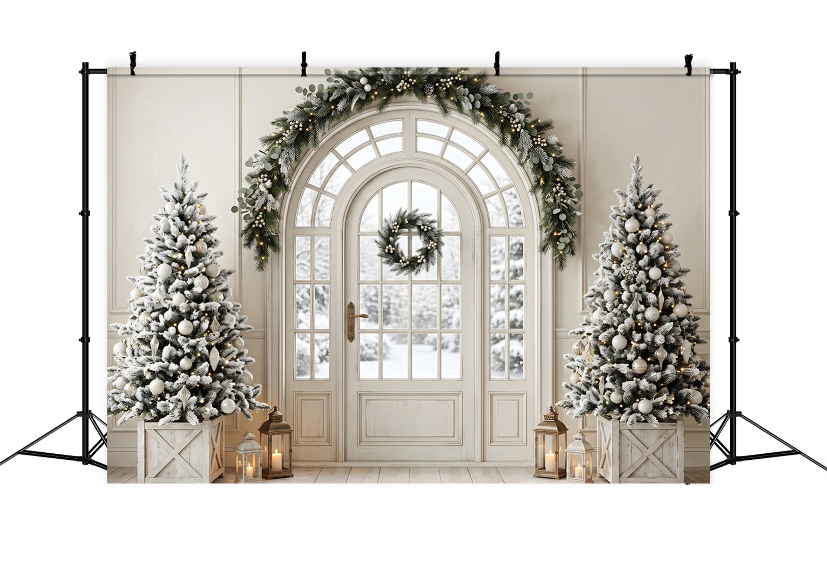 Toile de fond de salon de Noël avec porte givrée sapins et lanternes CEM65-99