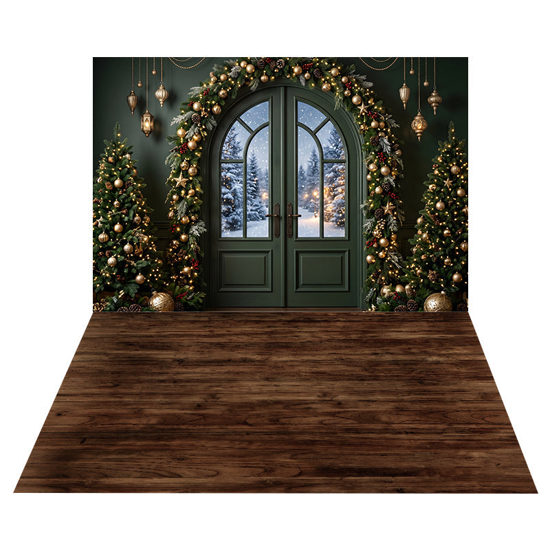 Toile de Fond Entrée avec Guirlande Vert Émeraude + Toile de Sol en Bois Rustique Foncé CEMCBS65-13