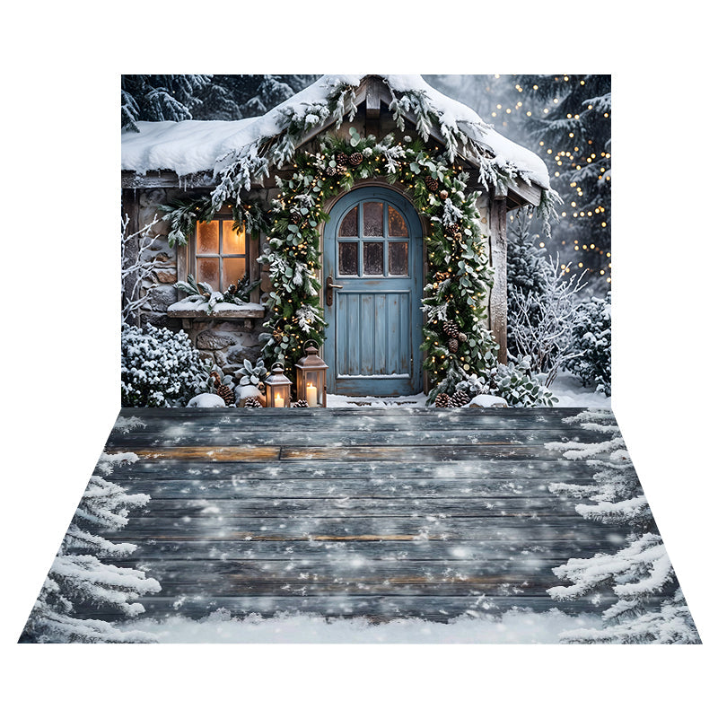 Toile de Fond Cottage Enneigé avec Porte Bleue + Toile de Sol en Bois Patiné Enneigé CEMCBS65-15