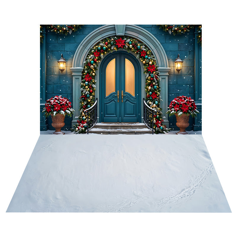 Toile de Fond Entrée aux Poinsettias Bleus + Toile de Sol Glace Enneigée Lisse CEMCBS65-16