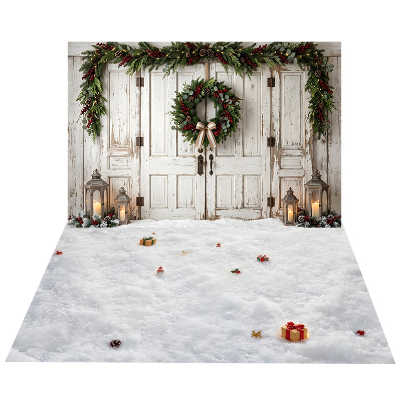 Toile de Fond Portes Rustiques Blanches avec Couronnes + Toile de Sol Neige avec Cadeaux CEMCBS65-24